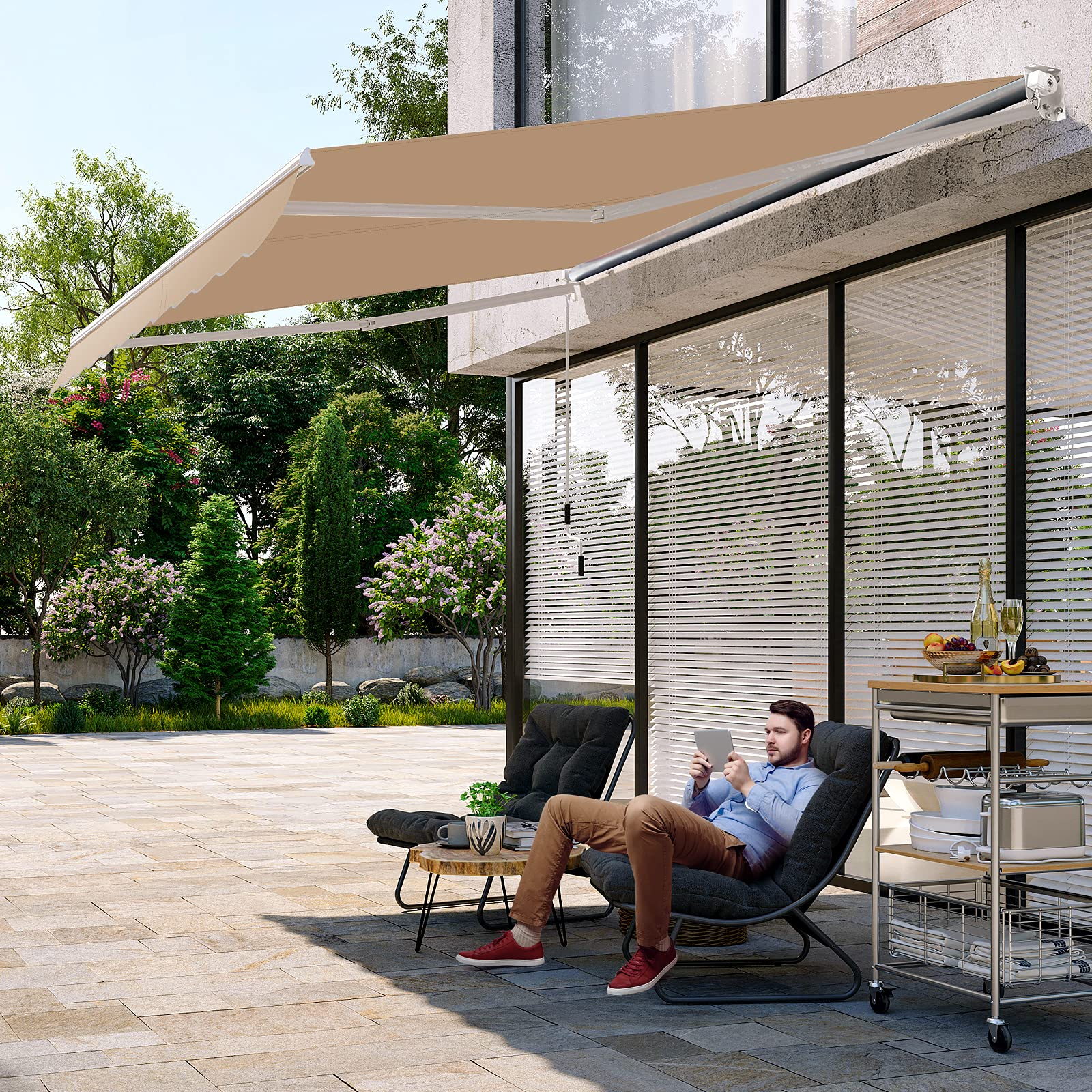 GOPLUS Toldo Retráctil Exterior(Beige, 250 x 200 cm) | Toldo Enrollable Impermeable, con Manivela, Ángulo Ajustable 40-100°y Brazo Articulado, para Terraza Jardín Tienda
