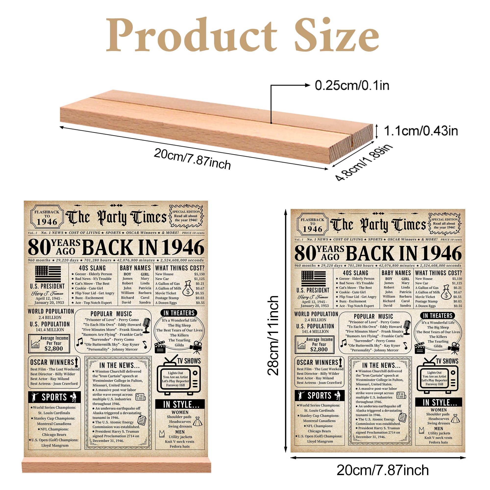 Trgowaul 80th Birthday Decorations Women Men, Vintage Back in 1946 Birthday Poster Acrylic Table Sign with Stand, 80th Anniversary Decor Gifts for Men, Vintage 80 Year Old Party Supplies Decorations — view 3