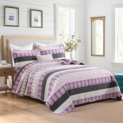 Vista 27 de Homzard - Juego de edredón de algodón a rayas, color gris, tamaño Queen, colcha reversible geométrica con 2 fundas de almohada, ropa de cama ligera