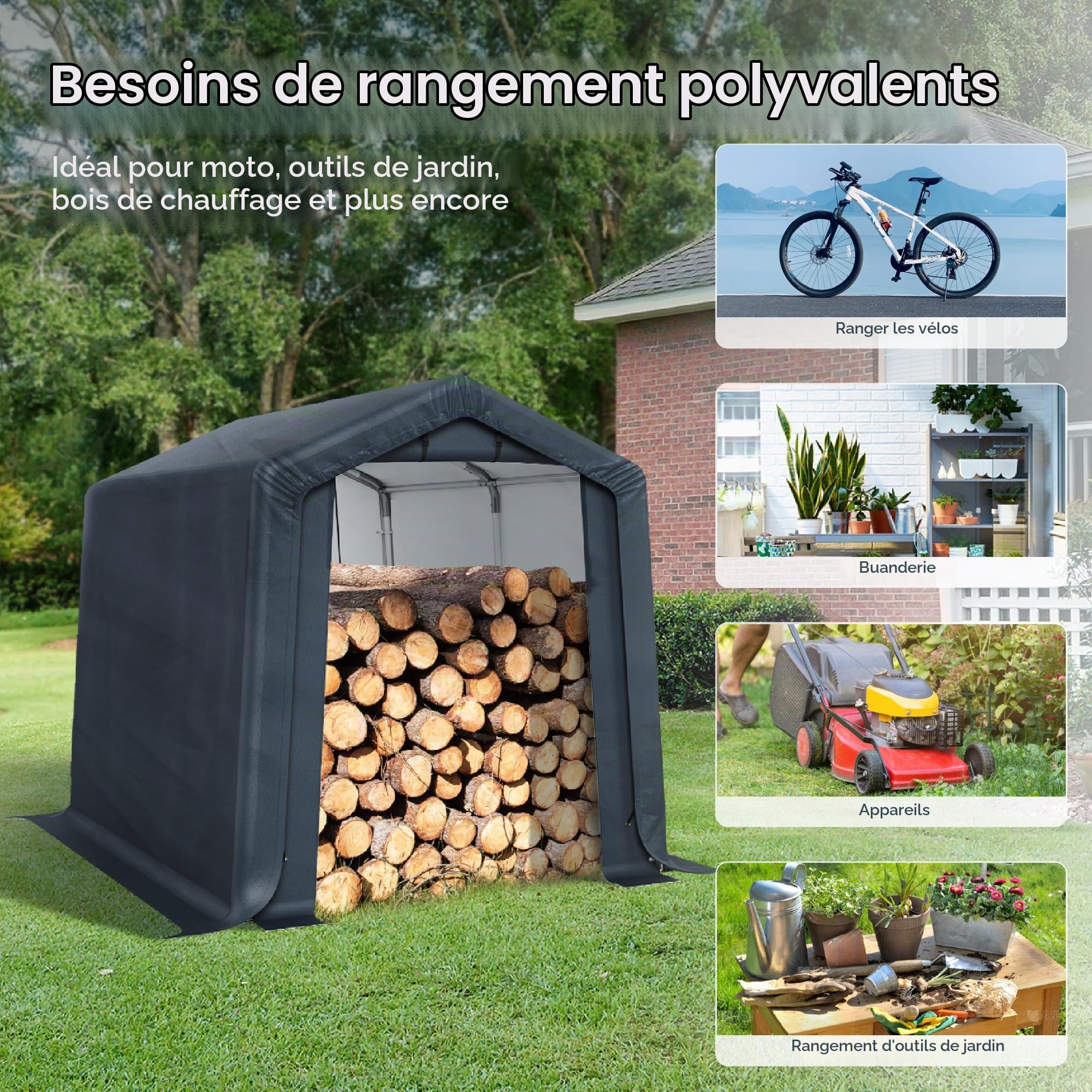 PHI VILLA Abri de jardin 2,4 x 3,7 m - Abri de rangement pour vélo et moto - En plastique - Portable - Facile à assembler - Avec 2 portes