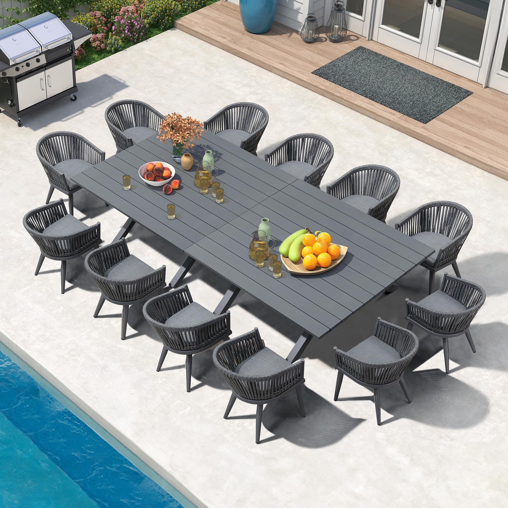 PURPLE LEAF 14 Pieces Outdoor Dining Set with Cushion Rattan Modern, Grey