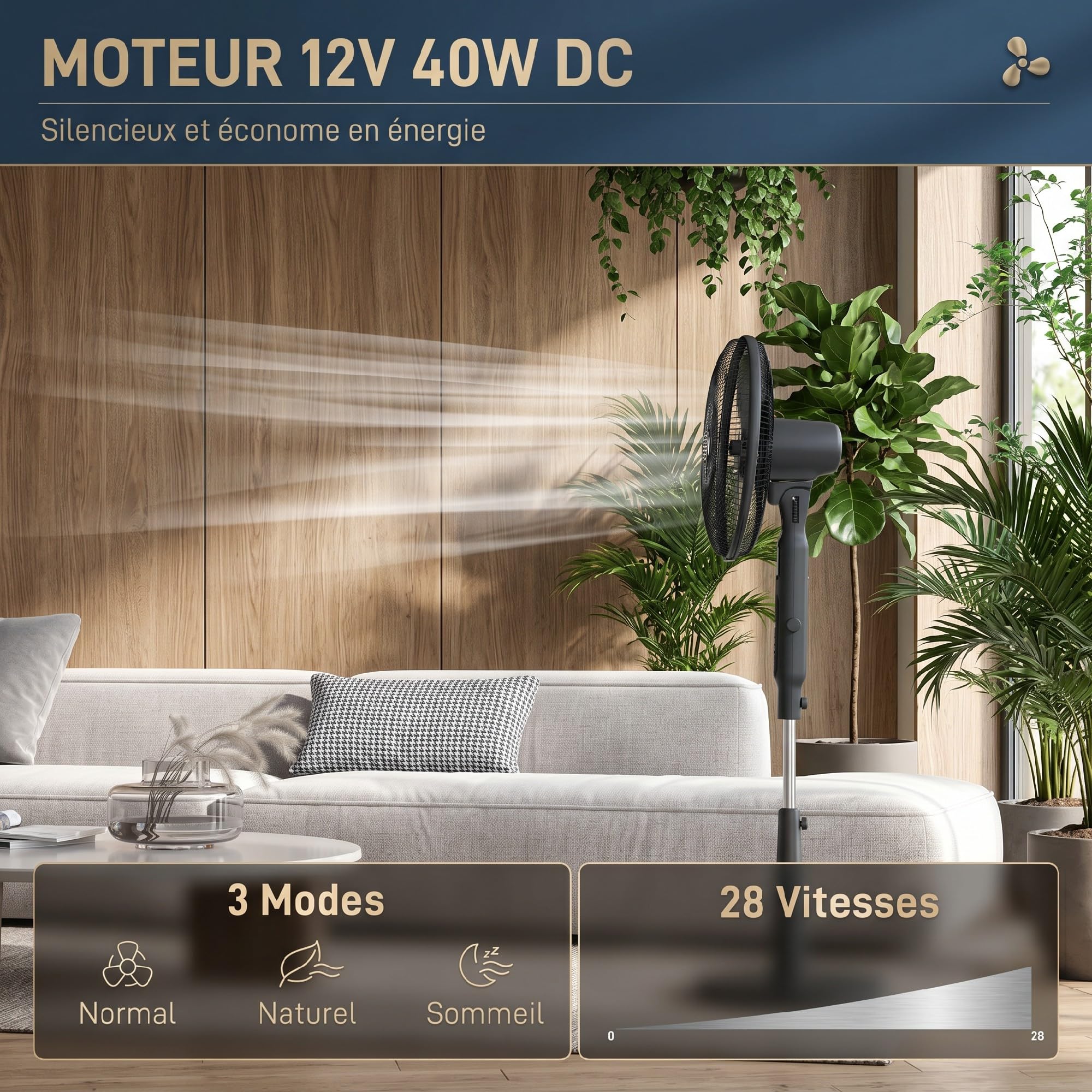 HOMCOM Ventilateur sur Pied Ø42cm Silencieux Télécommande Minuterie Noir | 40W, 3 Modes, 28 Vitesses, Fonction Anti-Moustique, Hauteur Réglable, Oscillant 75°
