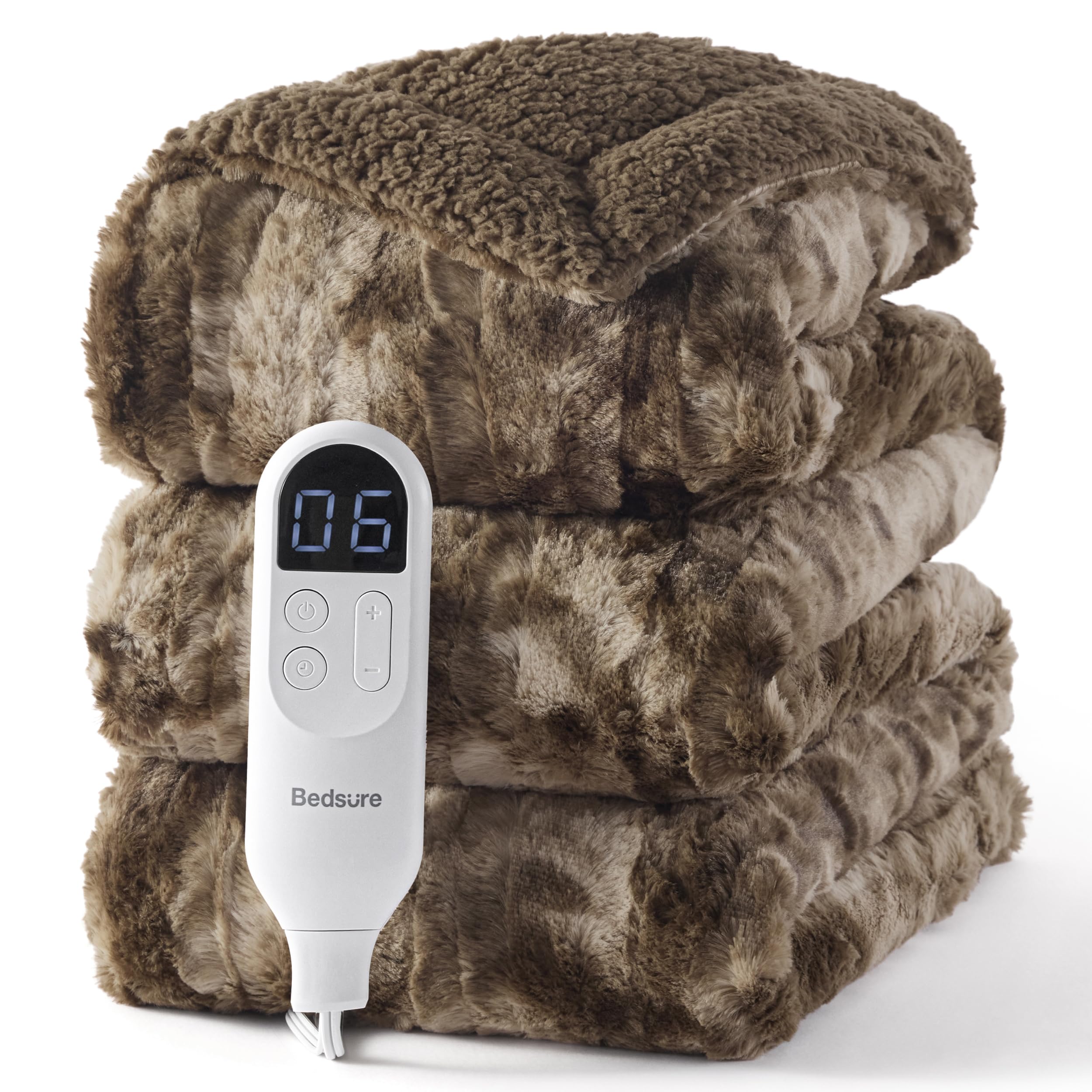 Bedsure Faux Fur Heated Blanket Full Size, Fast Heating Electric Blanket Full Size with 6 Heating Levels &amp; 10 Time Settings, Cozy Gifts for Women Men (72x84 inches, Brown)