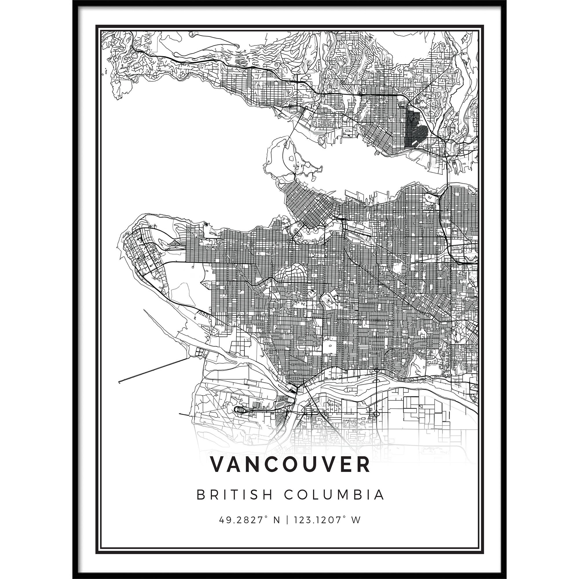 Squareious Vancouver map Poster Print | Modern Black and White Wall Art | Scandinavian Home Decor | British Columbia City Prints Artwork | Fine Art Posters 18x24