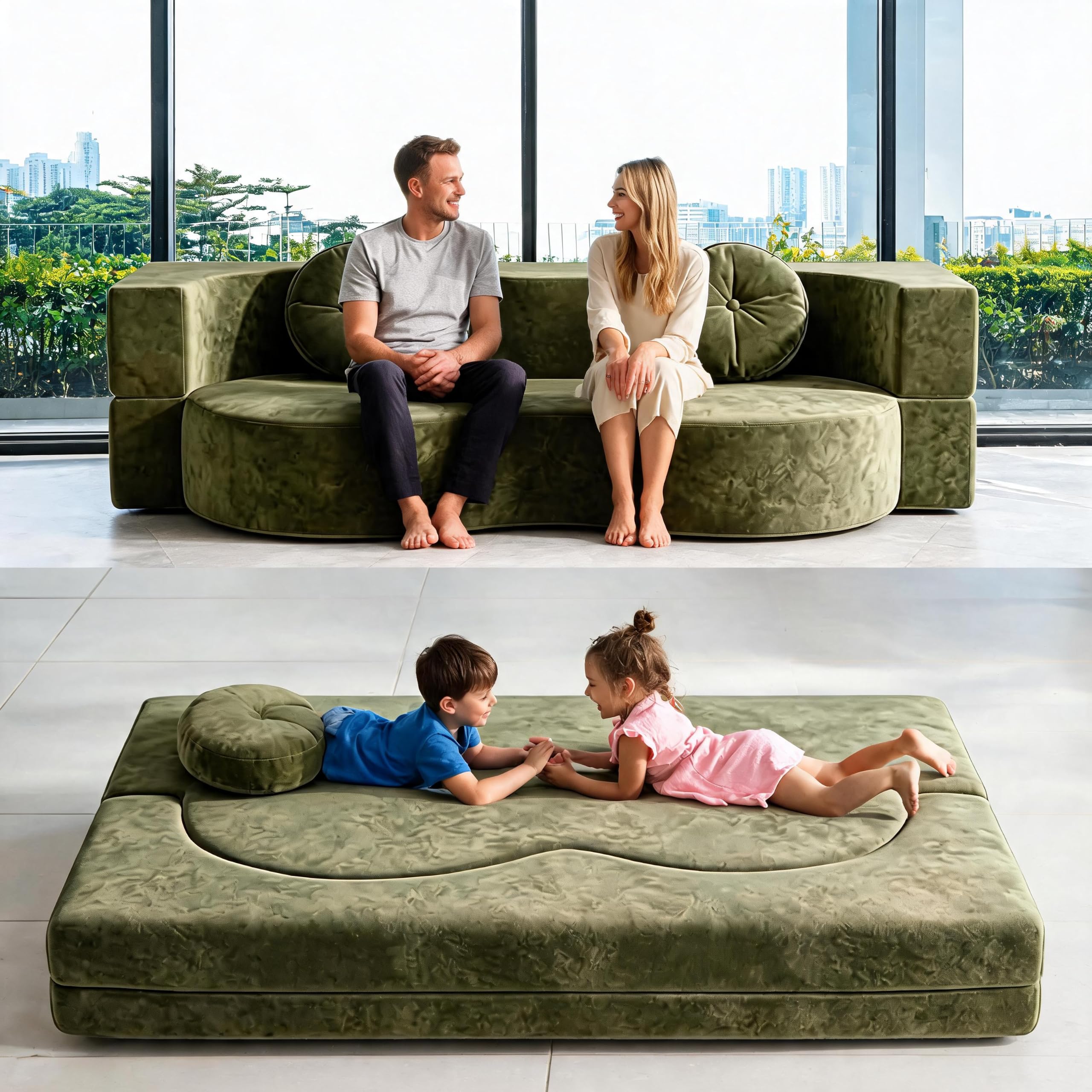 Komprimiertes Sofa ohne Knochen, wandelbar, komprimiertes Sofa, Bett, Memory-Schaum, vakuumverpackt, abnehmbarer Stoffbezug, inklusive 2 Wurfkissen, grün: 200 x 100 cm