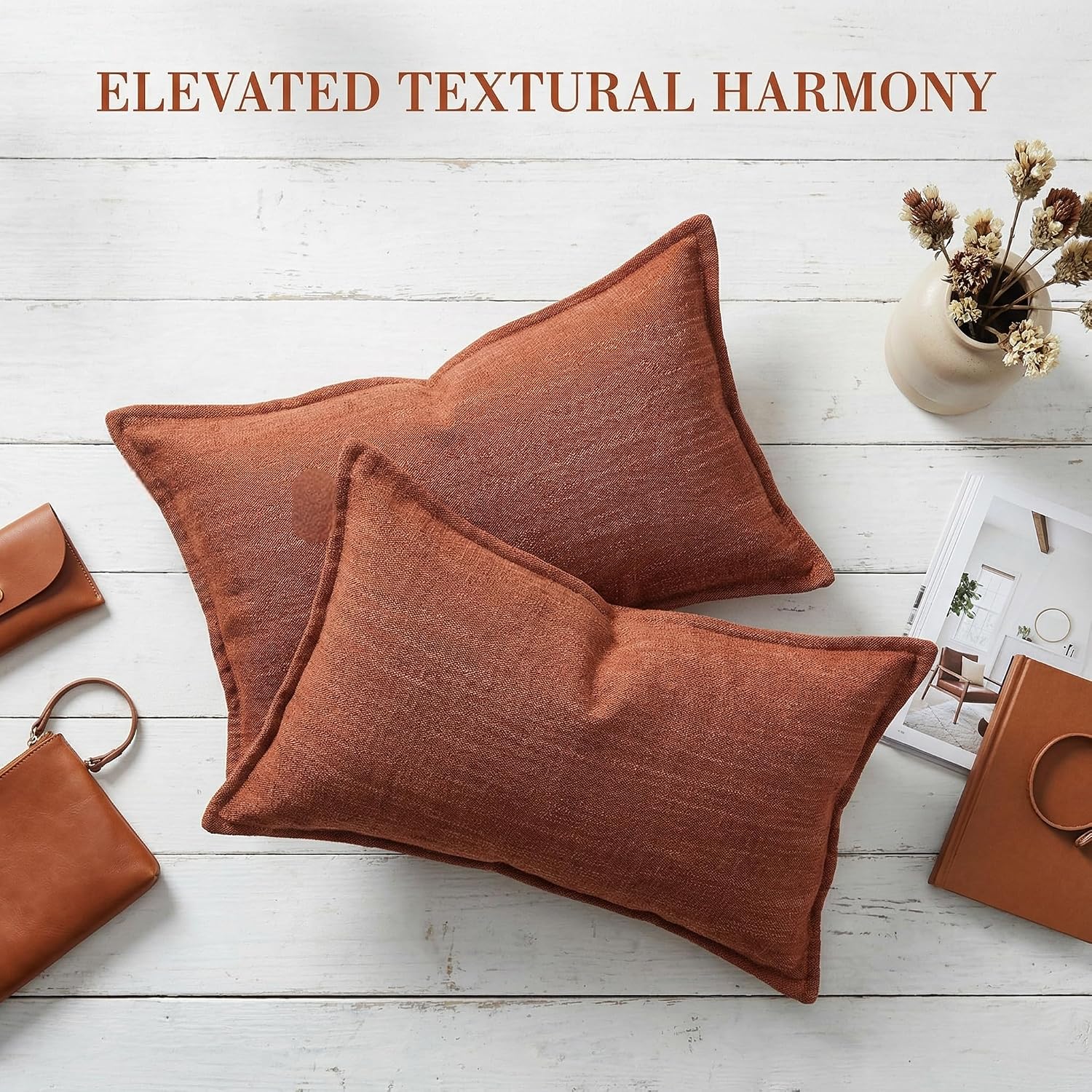 BOYSUM 12x20 Pillow Covers Set of 2 Chenille Linen Textured Throw Pillow Covers for Couch Sofa Hidden Zipper Decorative Cushion Cases Modern Farmhouse Neutral Home Decor Orange