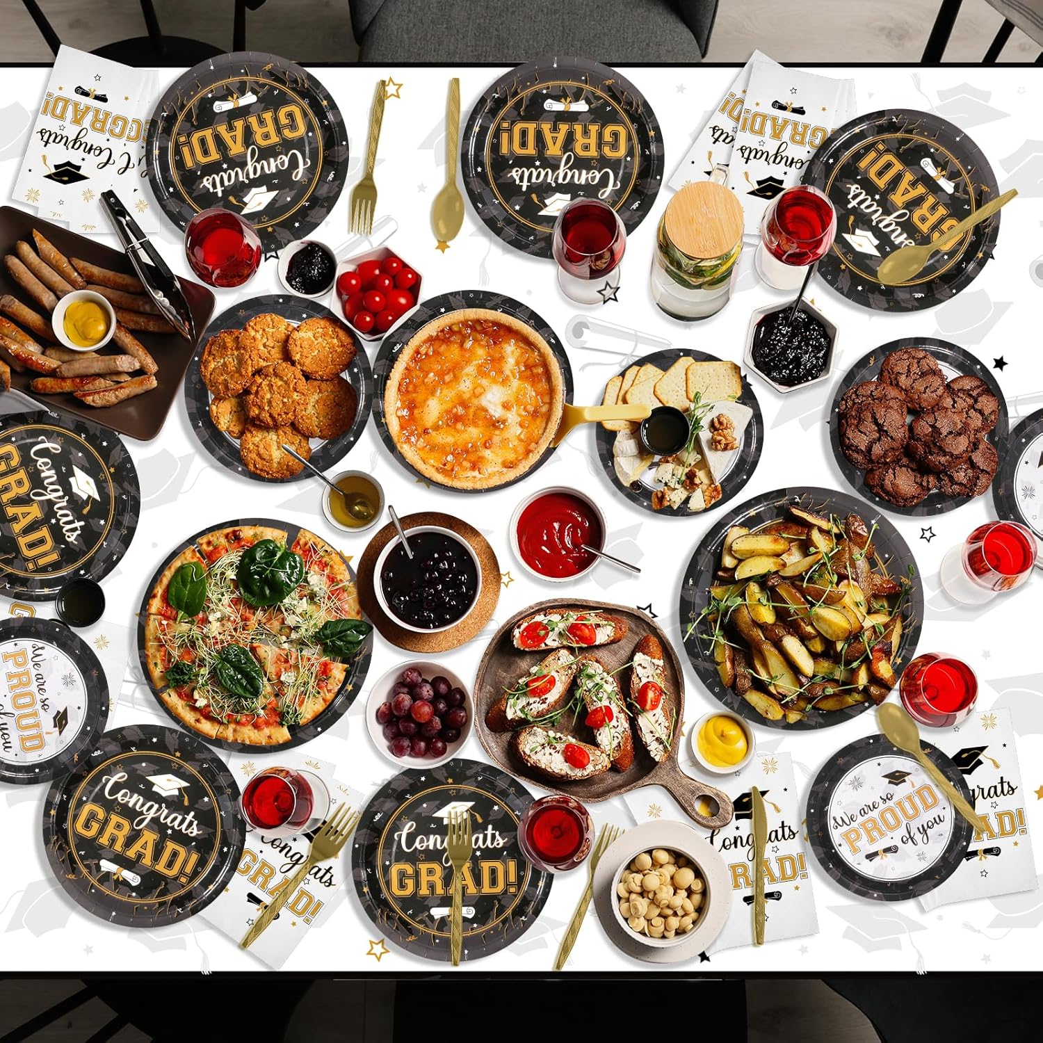 Graduation Party Supplies Congrats Grad Plates and Napkins Set Disposable Paper Plates Napkins Tablecloth Banner Cup Knive Spoon Fork for Class of 2026 Graduation Party Decorations Serve50(Black Gold)