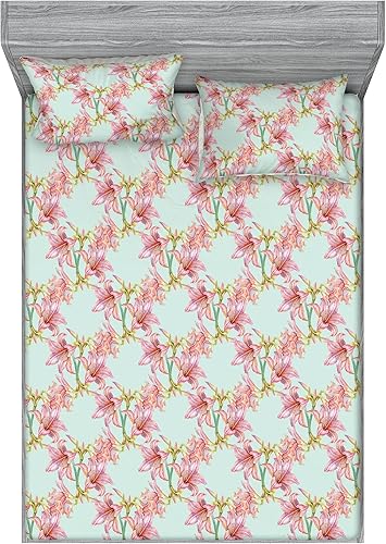 Miniatura 9 de Ambesonne Geometric Fitted Sheet & Pillow Sham Set, Minimalist Vibe Retro Pattern of Waves and Circles Scandinavian, Decorative Printed 3 Piece Pale