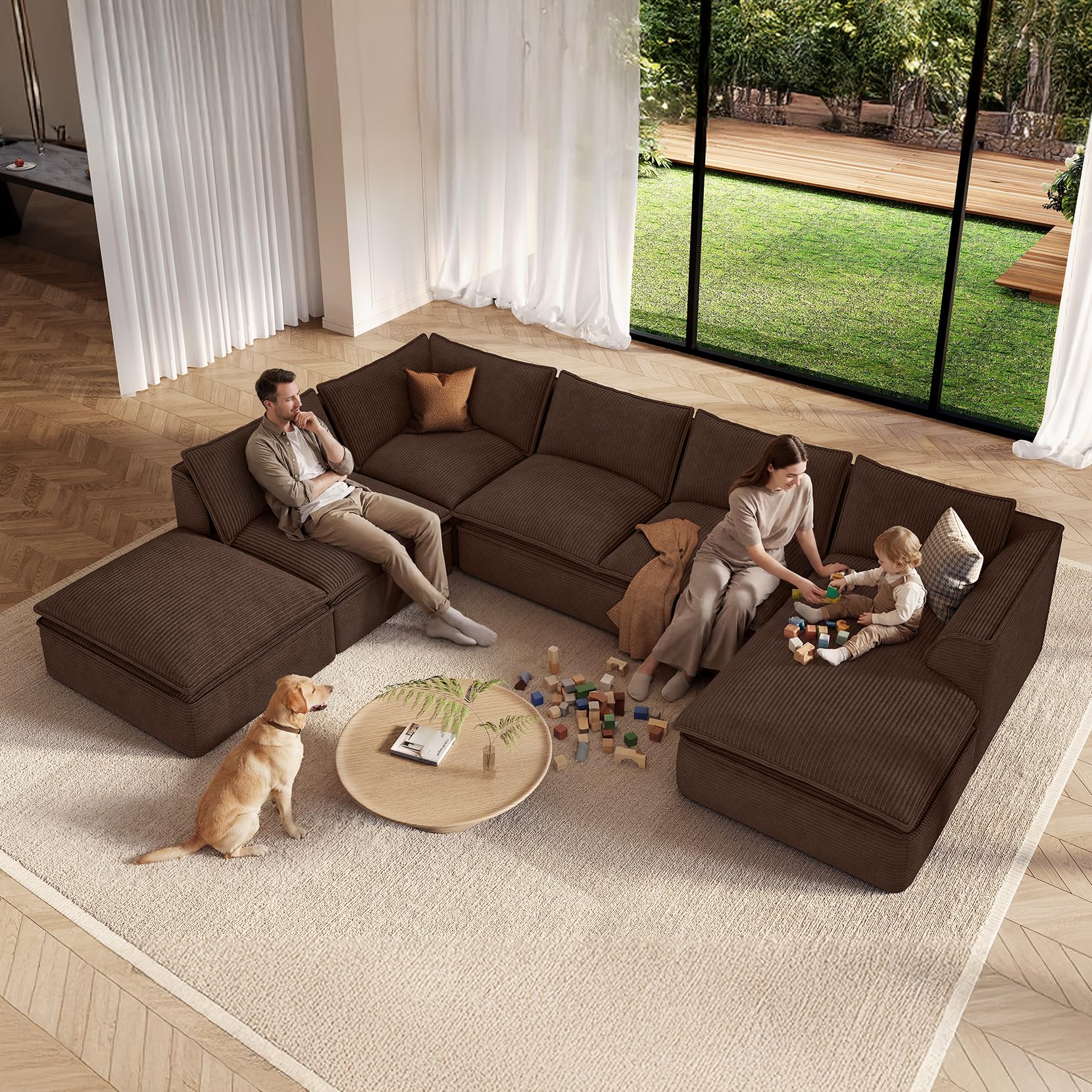 Vesgantti 7 Seater Boneless Sectional Couch, 141.7" Large Cloud Sofa, Brown | U Shaped Modular Couch with Chaise Ottoman, Deep Seat Sofa for Living Room, Pinstripe Corduroy, Curved Armrest, No Assembly