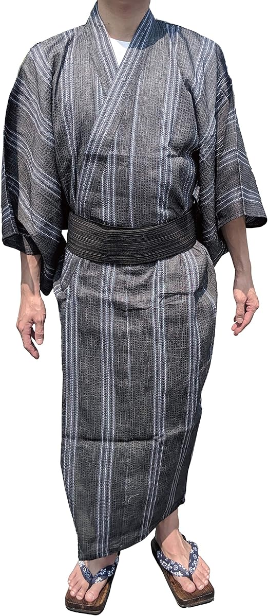 Amazon 浴衣 メンズ 19年モデル 3点セット 浴衣 帯 下駄 ワンタッチ帯 浴衣セット L 濃灰 帯 黒 浴衣 通販