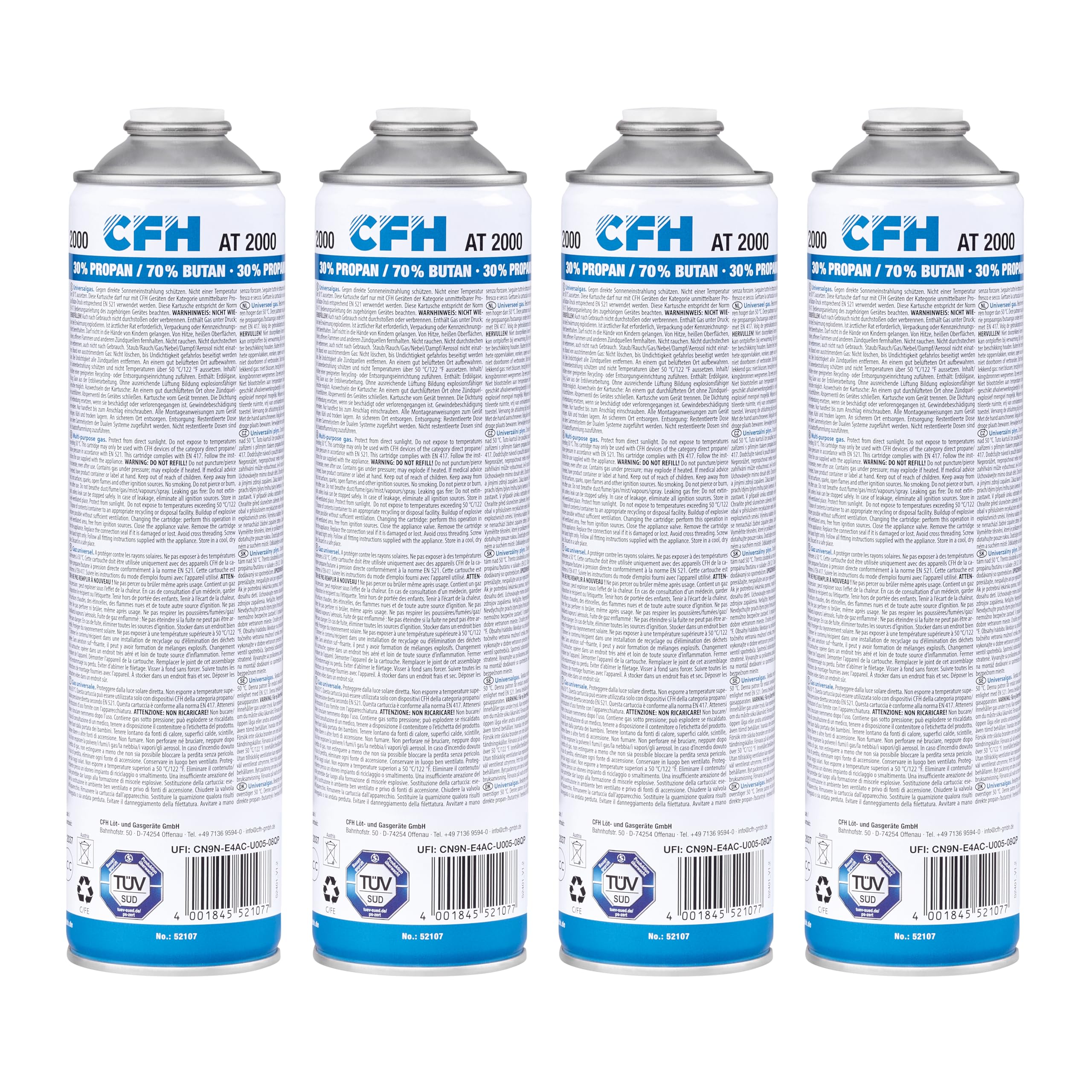 CFH Universaldruckgasdose AT 2000 – 4 Stück, Druck Gas Dose mit Anschraubgewinde nach DIN EN 417, Propan/Butan-Gasgemisch (30%/70%), 4x Inhalt 330 g, Für Gasgeräte mit Schraubanschluss nach DIN 521