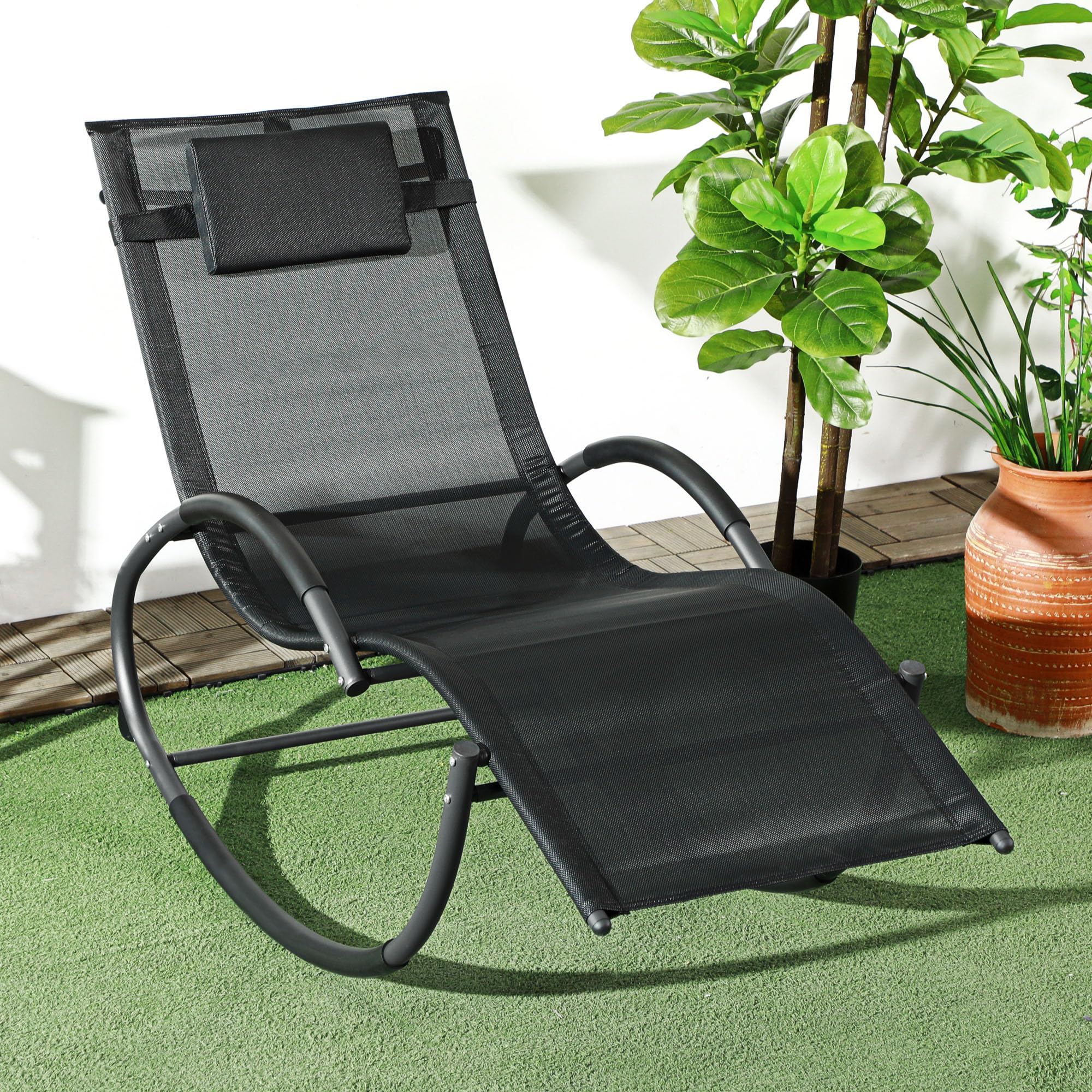 Outsunny Mecedora de Exterior Tumbona Mecedora con Reposacabezas Reposabrazos y Marco Metálico Carga 120 kg para Interior y Exterior 155x61x88 cm Negro