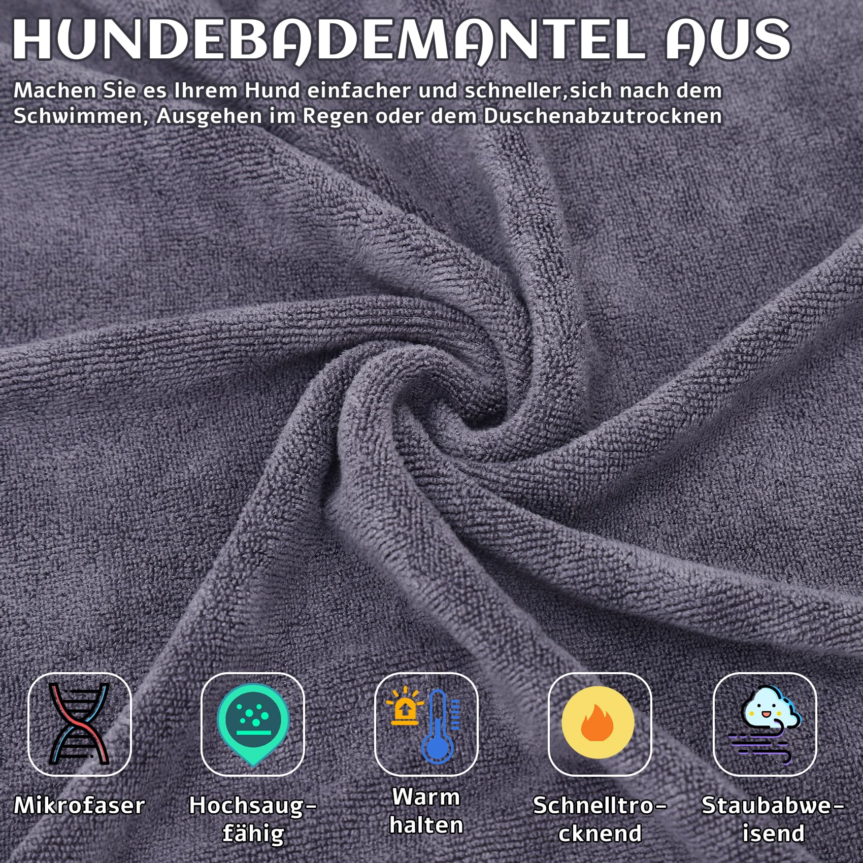 Hundebademantel, Hunde Bademantel Mikrofaser Schnelltrockend, Hundehandtuch mit Klettverschluss und Verstellbarem Schrumpfband, super saugfähiger Haustier Trockenmantel(Große Hunde)