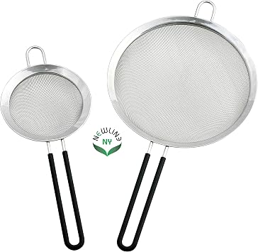 Premium Double Stainless Steel Fine Mesh Strainers with Soft-touch Anti-slip Silicone-coated Handle 2 pcs Set