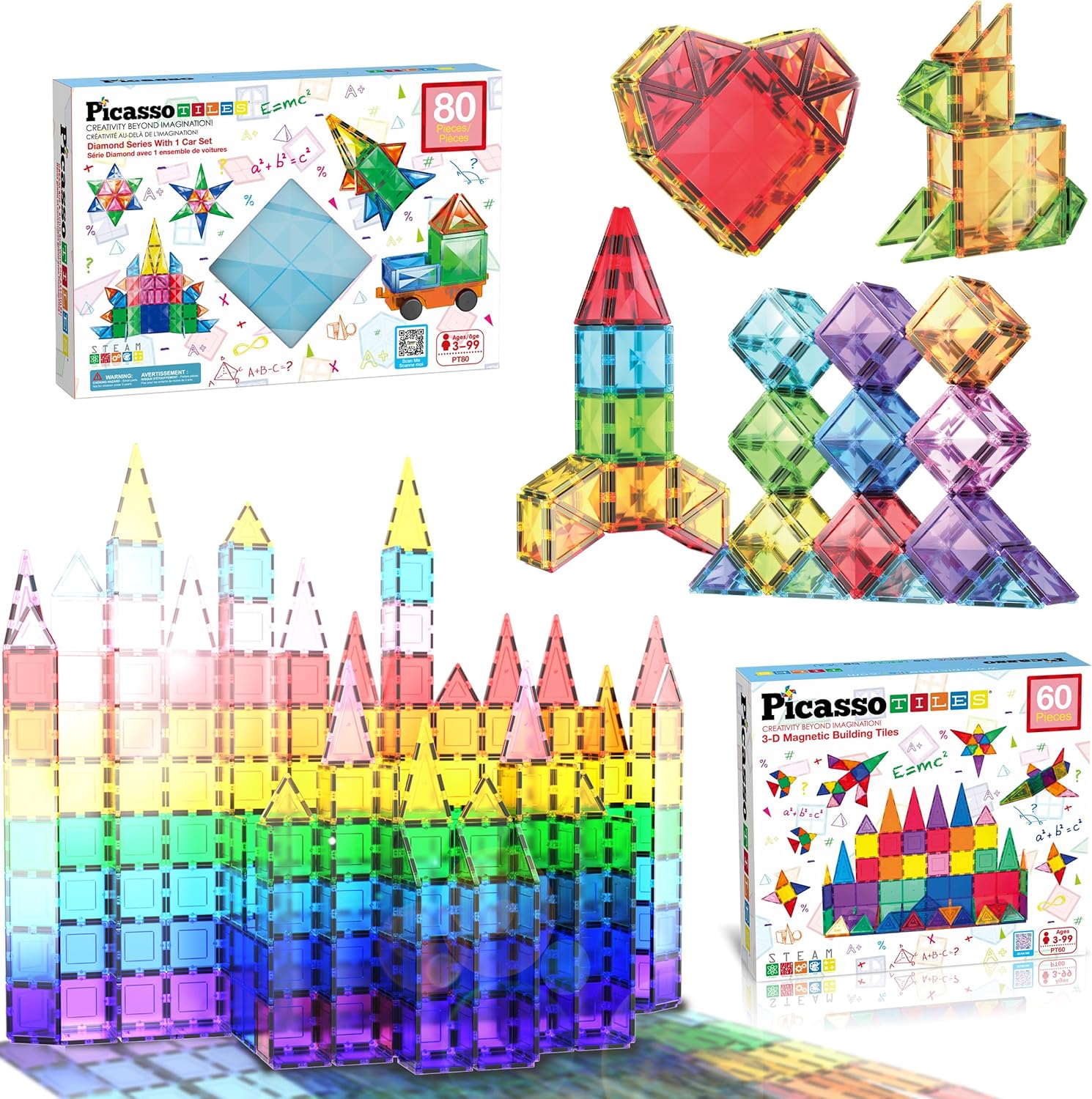 PicassoTiles Building Bundle: 80PC Diamond + 60PC Magnet Tiles Construction Blocks Playset: STEAM Educational Toy for Creative, Fun and Learning Construction Play, Design Art Gift Idea for Kids