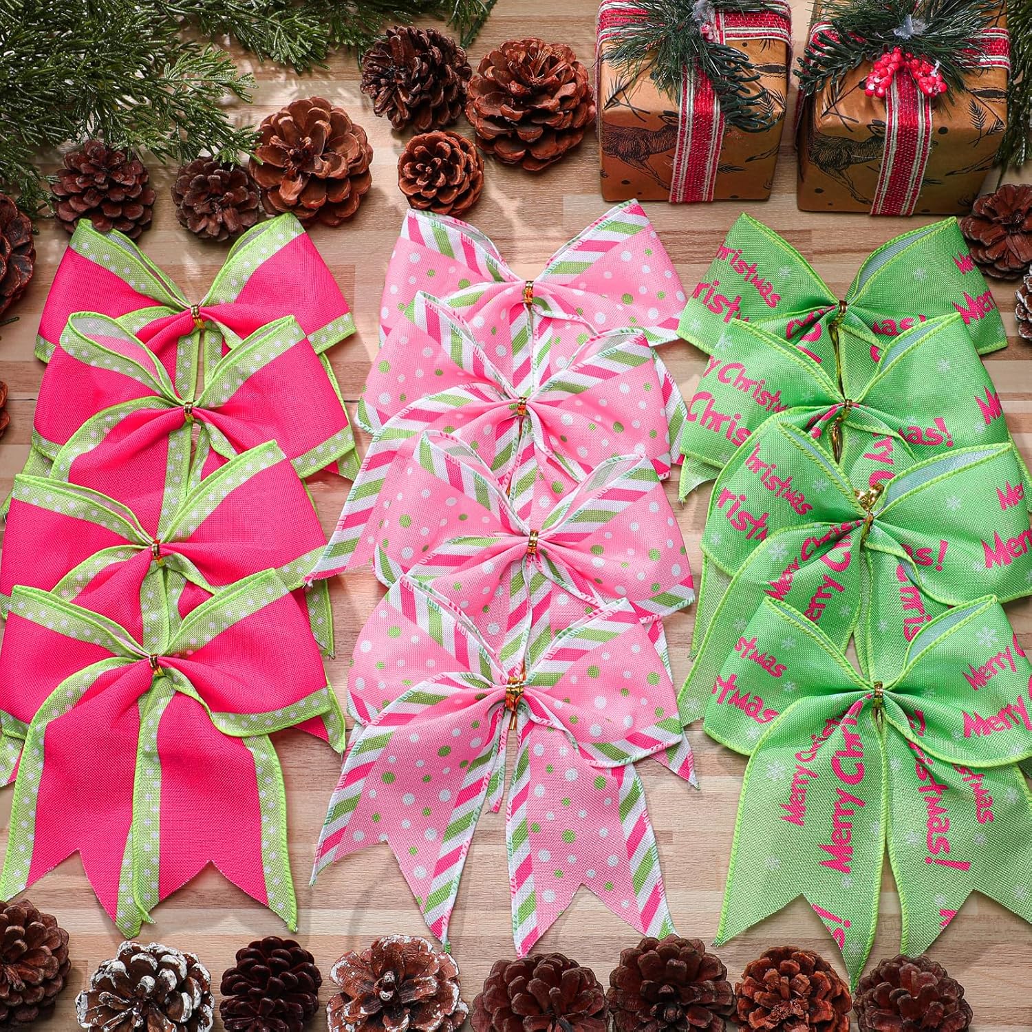 Janinka 12 Pcs Pink and Green Christmas Bows Decoration 6 Inch Large Bows for Christmas Tree Wreaths Gift Wrapping Garland Ribbons Ornaments Fireplace Front Door Staircase Decor Holiday Party Crafts - Image 2