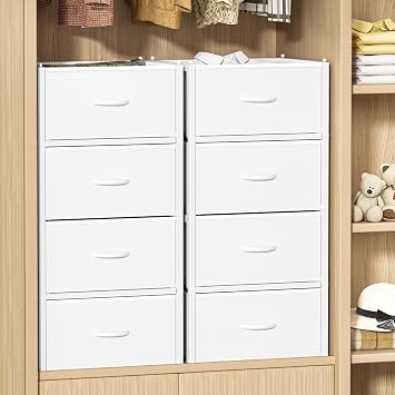 ThreeHio 4 Pack 8 Drawers Stackable Storage Closet Drawers, White Closet Organizer and Storage with Metal Frame, Space-Saving Stackable Dresser and Drawer Bins for Bedroom, Living Room, White