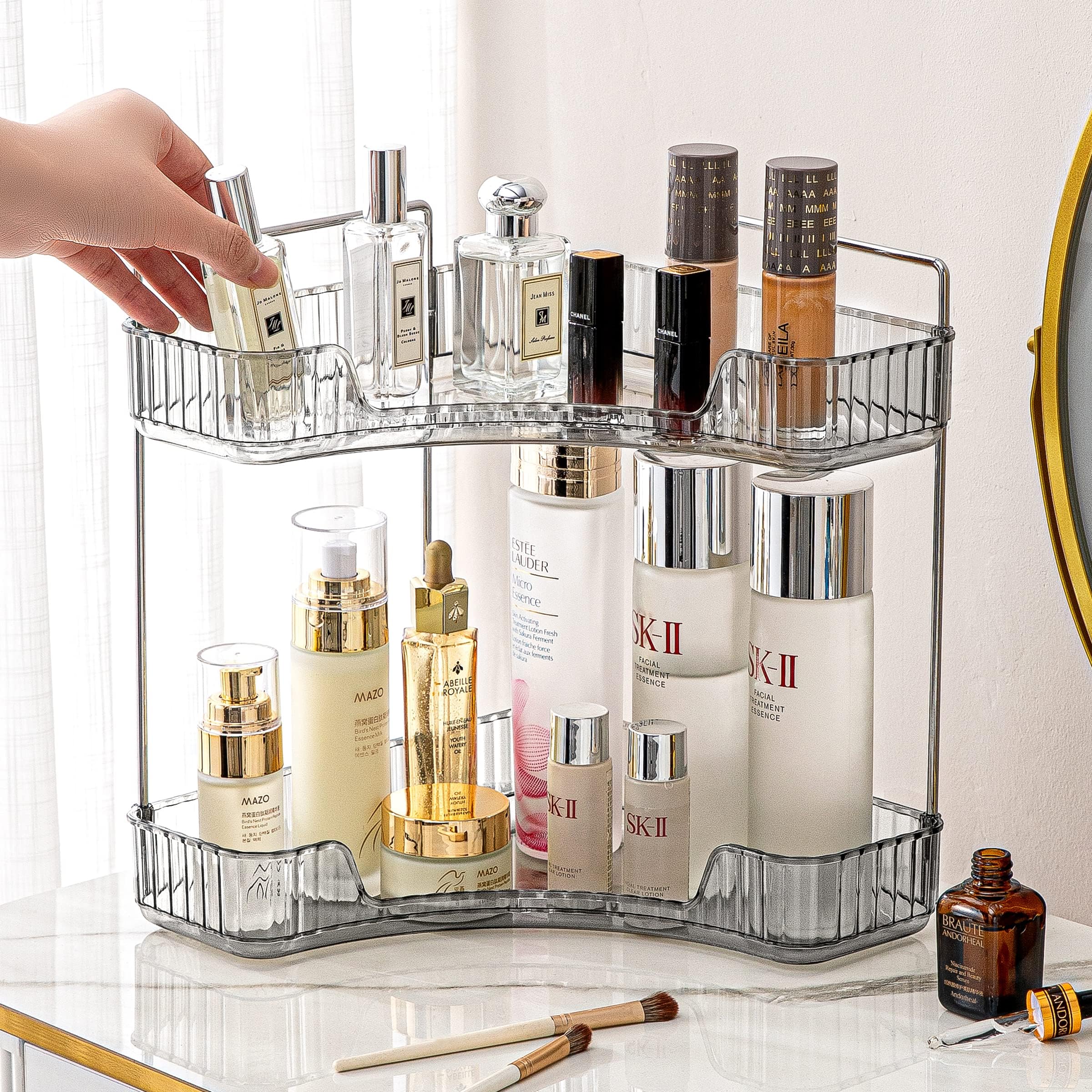 TERRIFI 2-Tier Corner Bathroom Countertop Organizer, 2 Tiers Vanity Trays for Bathroom Counter, Makeup Organizer, Perfume Tray, Kitchen Spice Rack, Fits 90 Corner, Smoky Gray