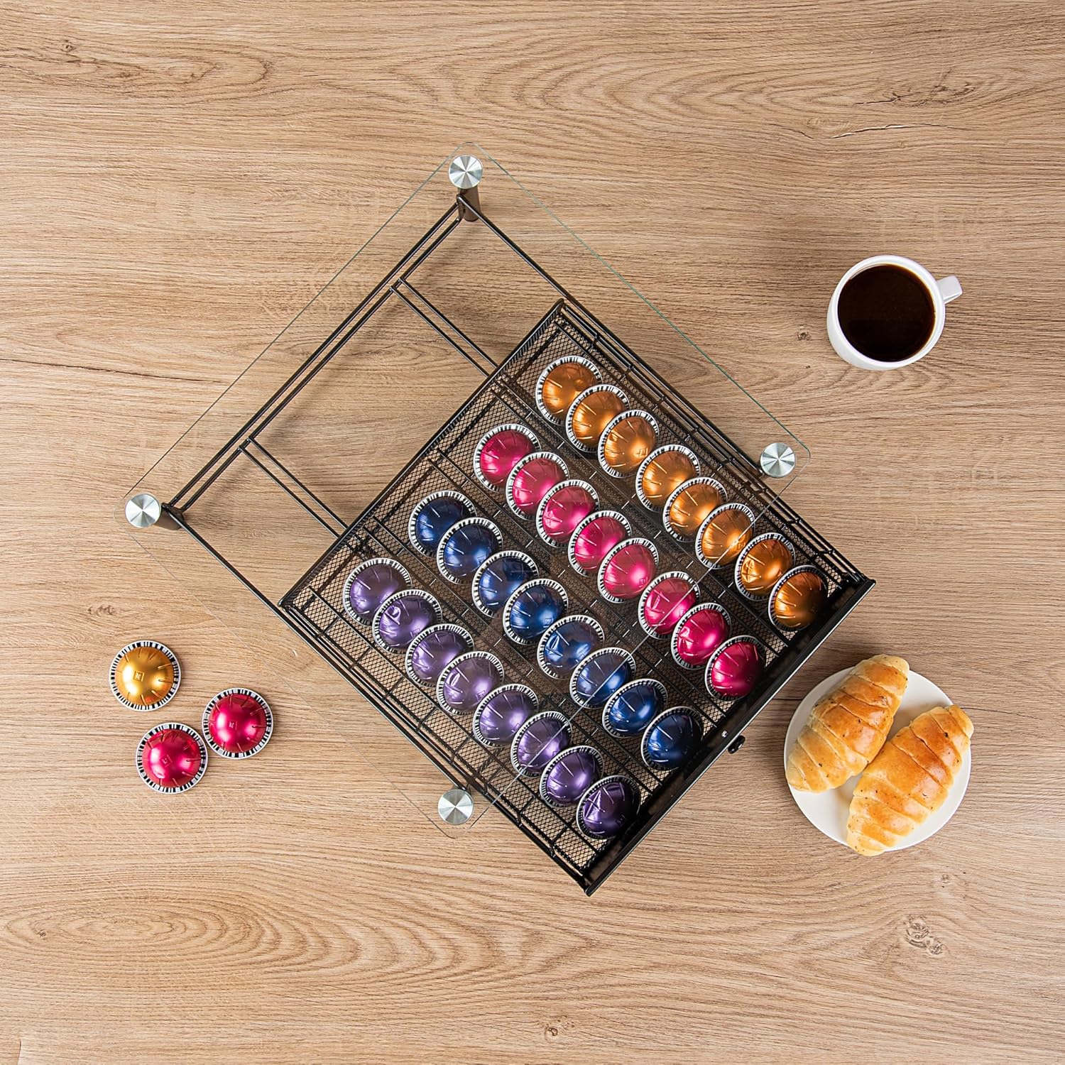 Restaurantware Restpresso 15.6 x 14.1 x 4.2 Inch Coffee Capsule Drawer 1 Heavy-Duty Pod Drawer - Holds 40 Nespresso Vertuo Capsules Glass Top Iron Espresso Pod Organizer Pods Not Included