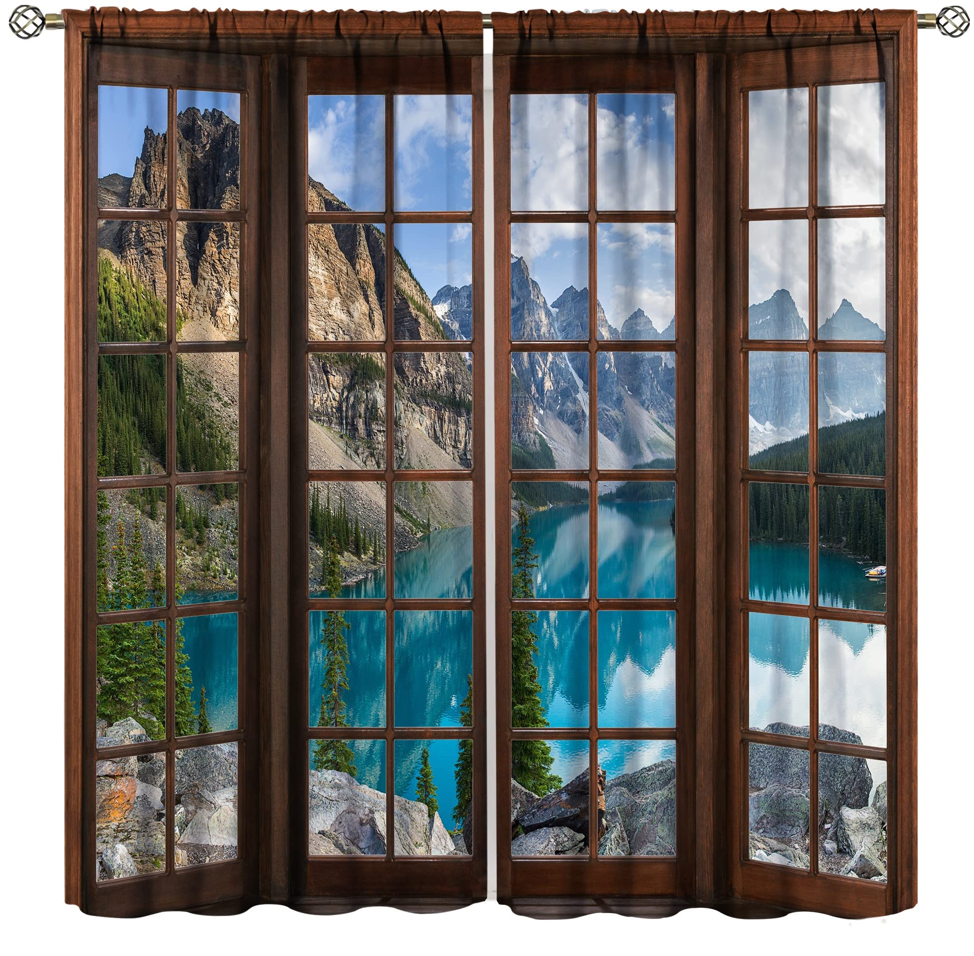 Forest Lake Curtains,Spring Mountain Lake Trees Season Natural Landscape Scenery,Rural Farmhouse Wooden Window Family Bedroom Living Room Curtains
