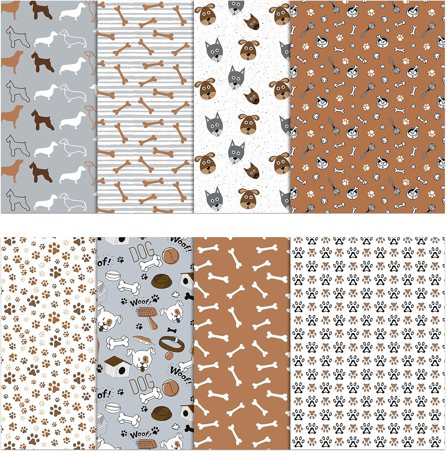 Soimoi 8 Pc Fat Quarter Bundle- Dog Print 18"x 22" DIY Patchwork- 100% Cotton Pre-Cut Quilting Fabric Gray-White- Brown