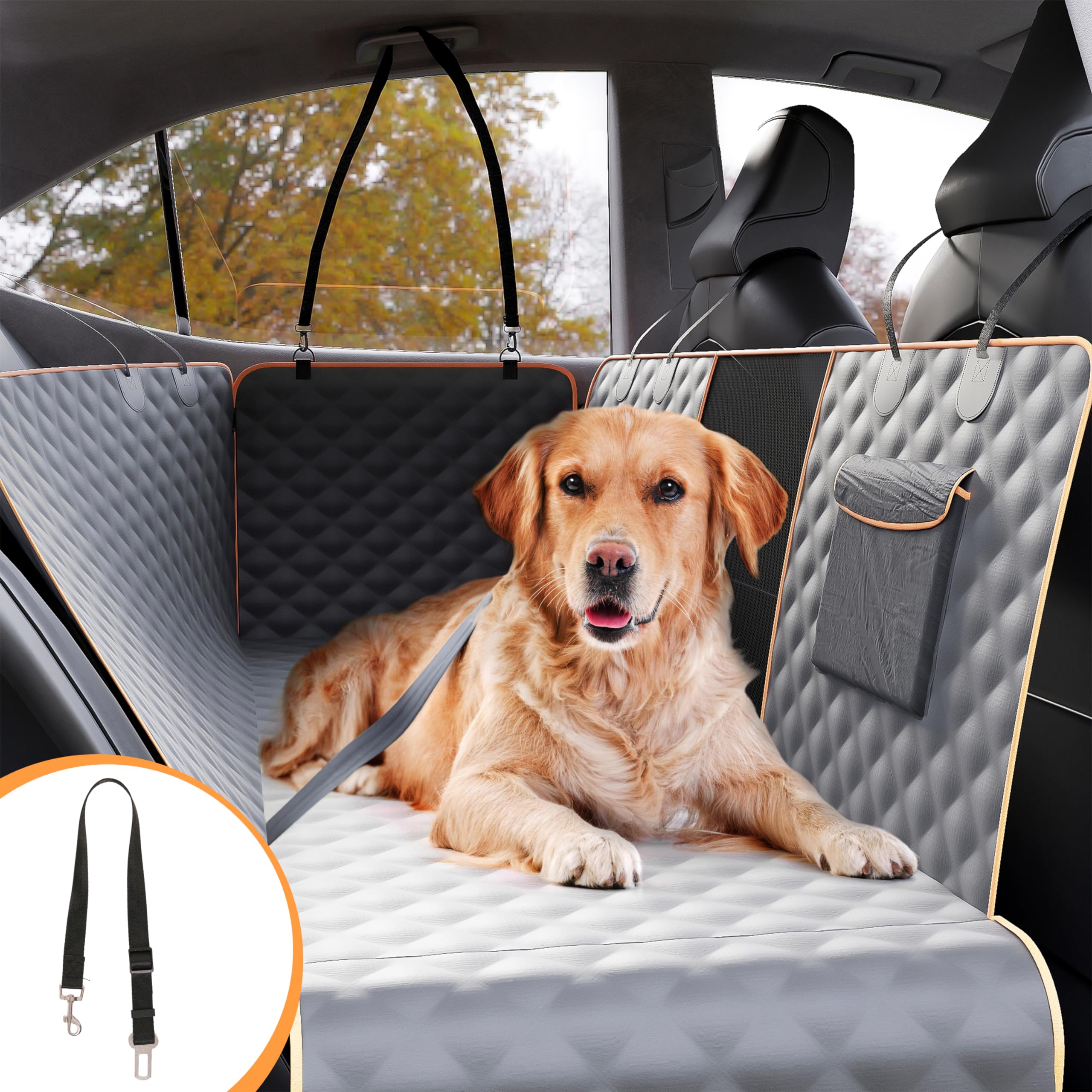 Dog Car Seat Cover for Back Seat with Mesh Window - Waterproof Pet Hammock with Side Flaps and Dog Seat Belt, Durable Nonslip Dog Backseat Protector for Cars, Trucks & SUVs