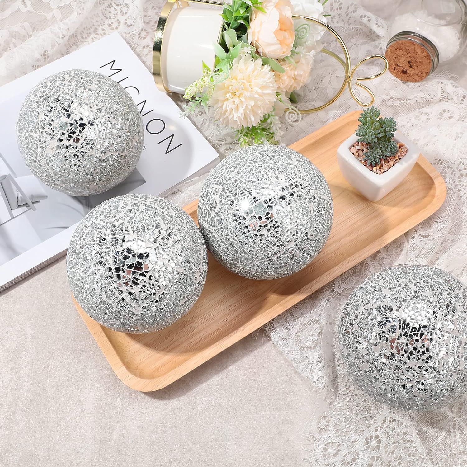 6 Pieces Mosaic Sphere Balls 4 Inch Decorative Glass Balls Decorative Orbs Table Centerpiece Balls Round Glass Ball Bowl Filler for Bowls Vases Dining Coffee Table Decor (Silver) : Home & Kitchen