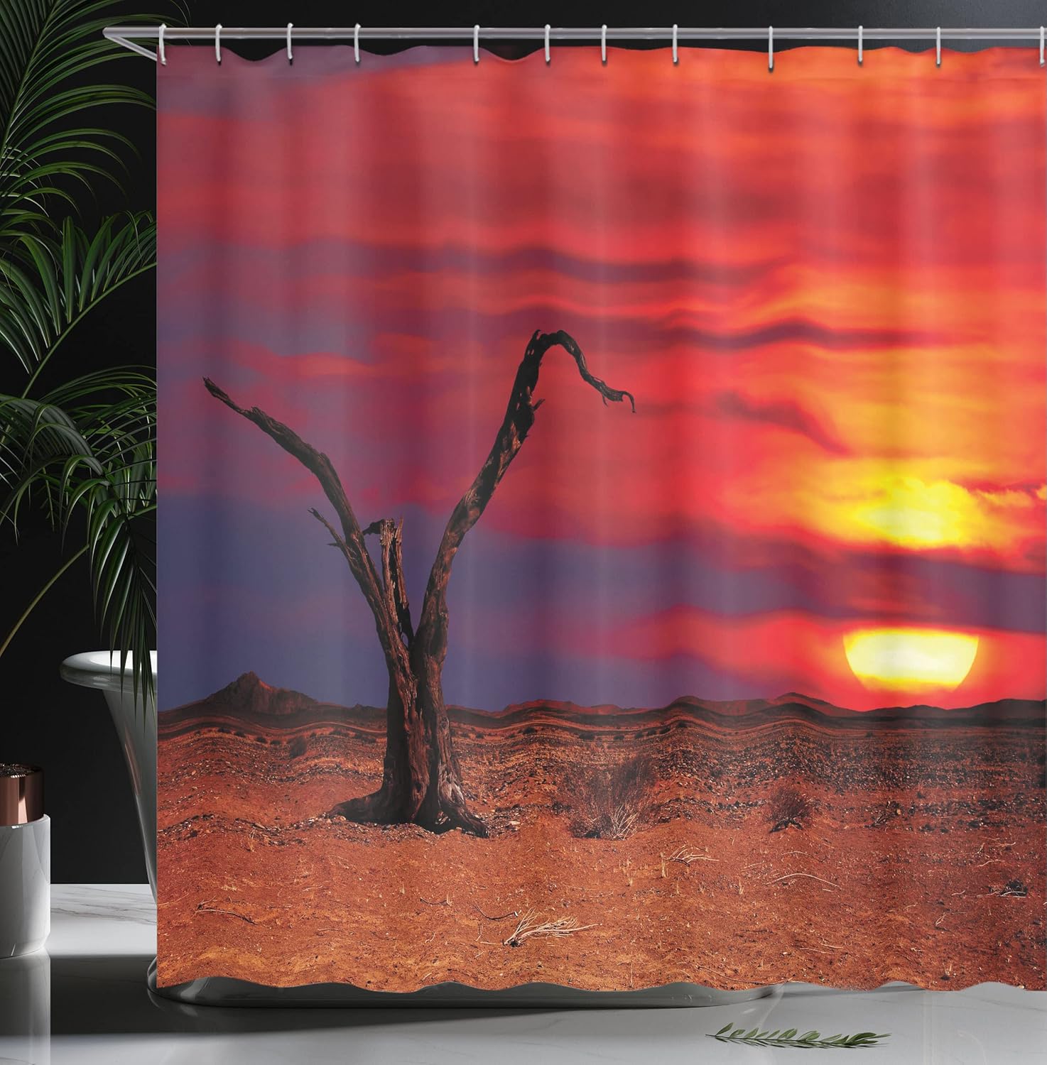 Ambesonne Desert Shower Curtain, Desert View with Dead Tree at Sunset Warming Colors Sky Twilight Fantasy Scene, Cloth Fabric Bathroom Decor Set with Hooks, 69" W x 70" L, Red Amber Brown