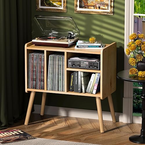 Miniatura 11 de Mesa para tocadiscos, soporte para tocadiscos de mediados de siglo con almacenamiento de vinilos con capacidad para más de 150 álbumes, gabinete