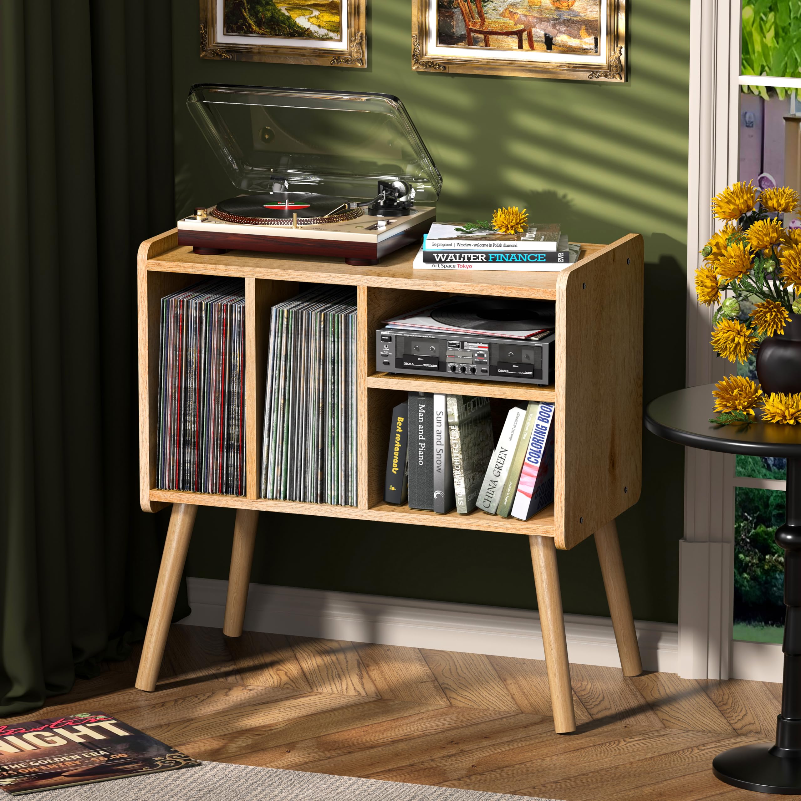 record player table, mid-century record player stand with vinyl storage hold up to 150+ albums, vinyl record cabinet with adjustable shelves, wood turntable stand for music living room (nature)