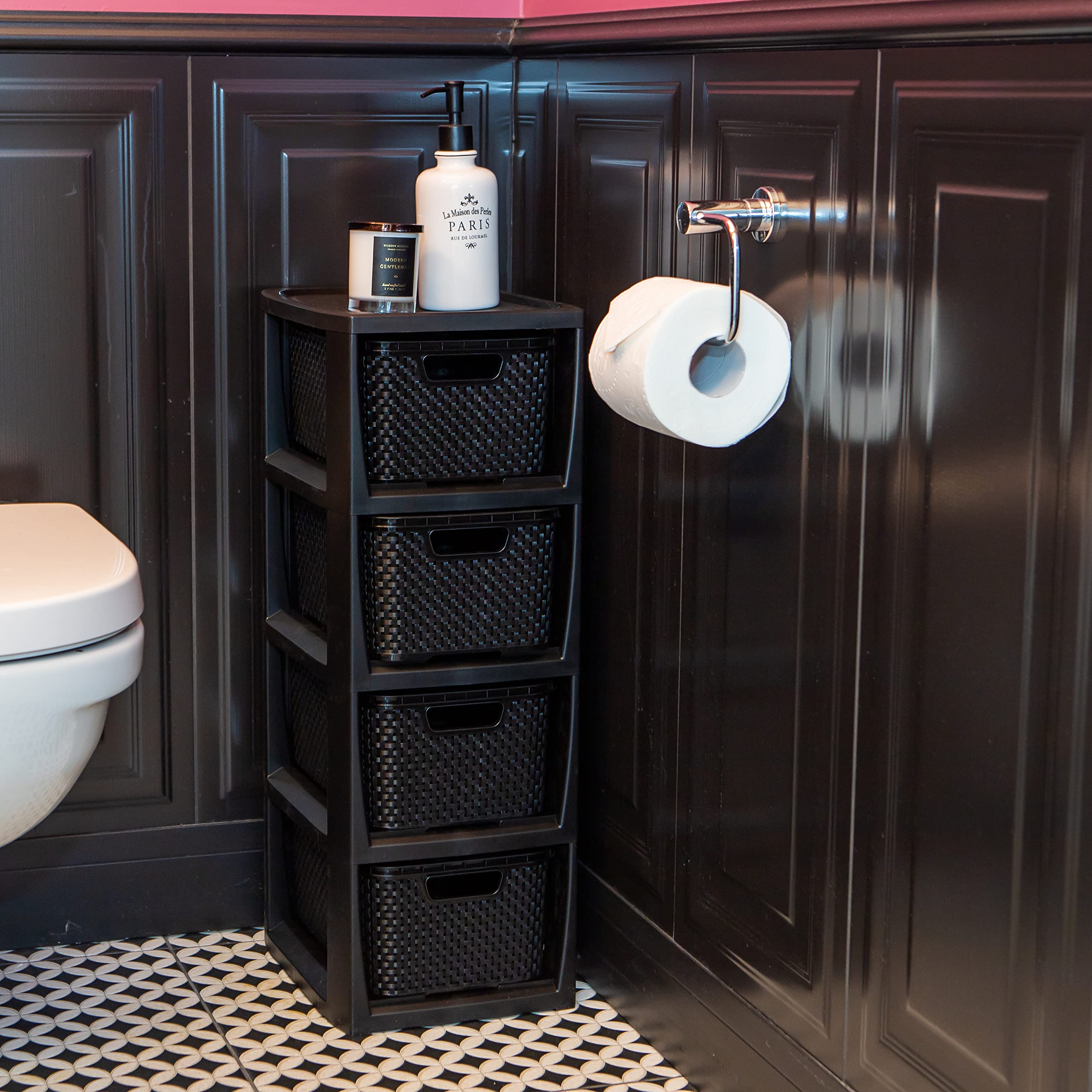 BranQ Scaffalatura In Rattan Plastica PP – 4 Cestini Estraibili, Nero, 29.5x24x64.2 Cm, Senza BPA, Già Montata