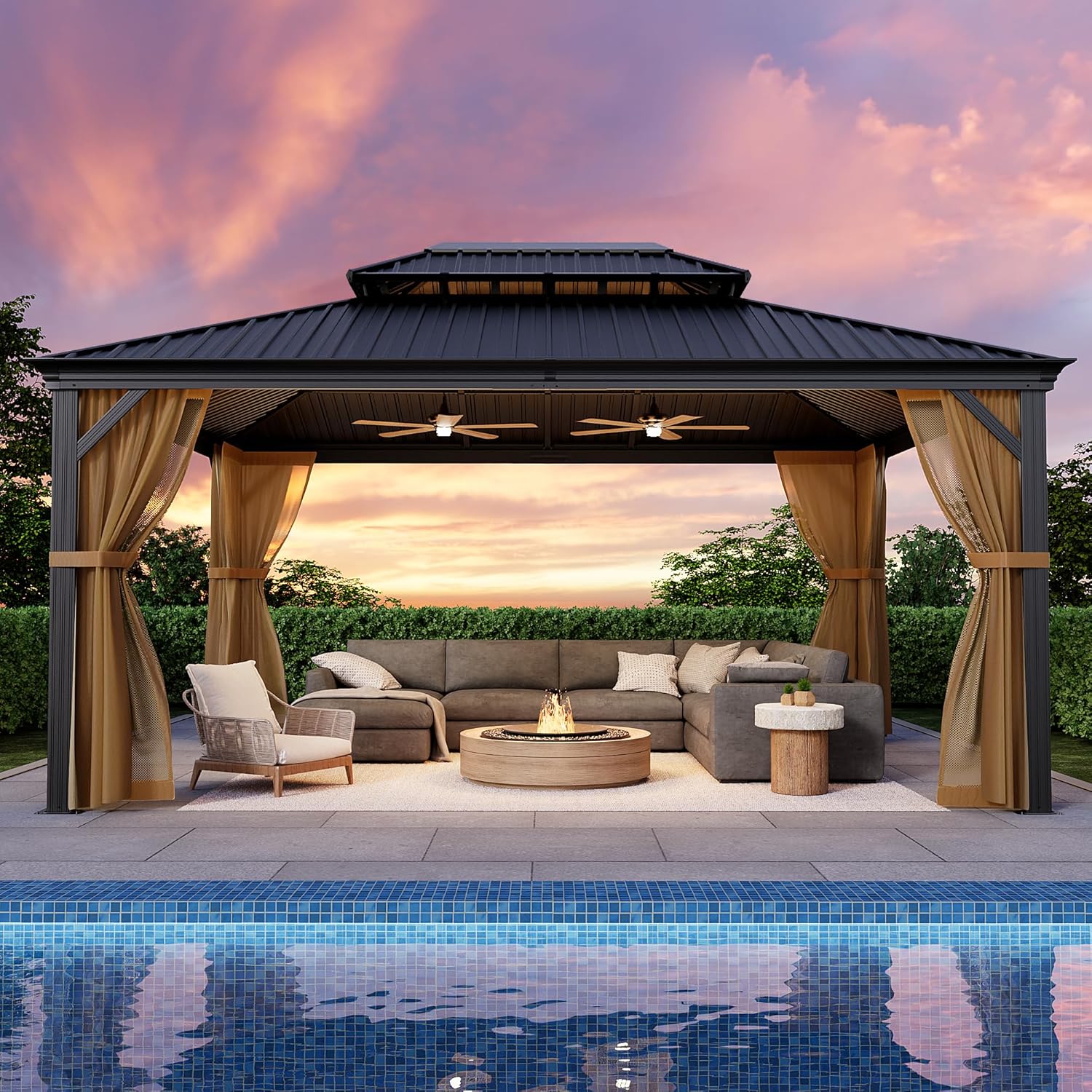 COSIEST 12X16 FT Hardtop Gazebo Rustproof Double Roof Metal Gazebo with Steel Columns & Netting Curtains Poolside,Deck,BBQ Area (Dark Gray)