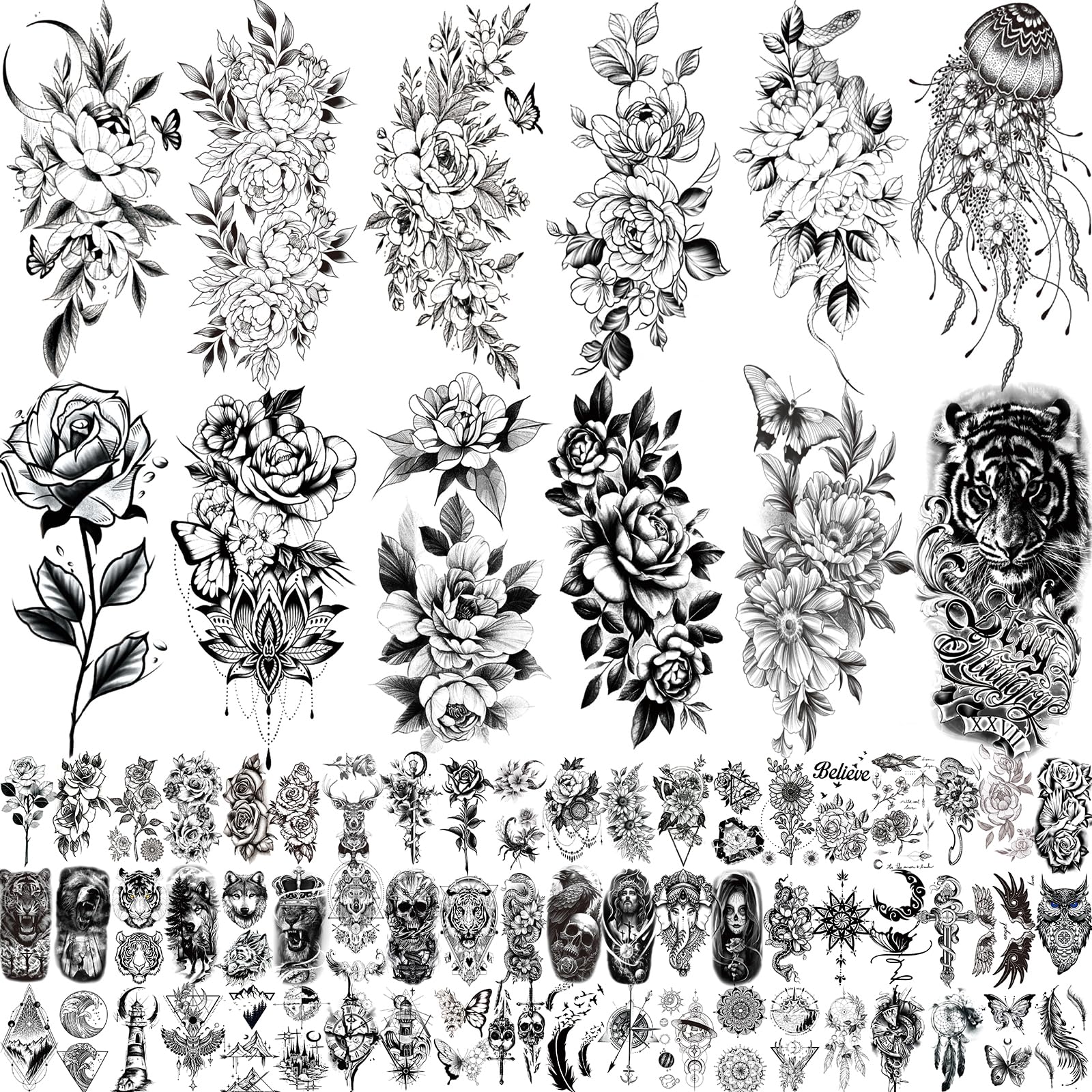 82 Sheets 3D Flowers Temporary Tattoos for Women Adult, Including 12 Sheets Large Fake Tattoos That Look Real and Last Long, Waterproof Rose Moon Butterfly Tiger Snake and Flowers Tattoos