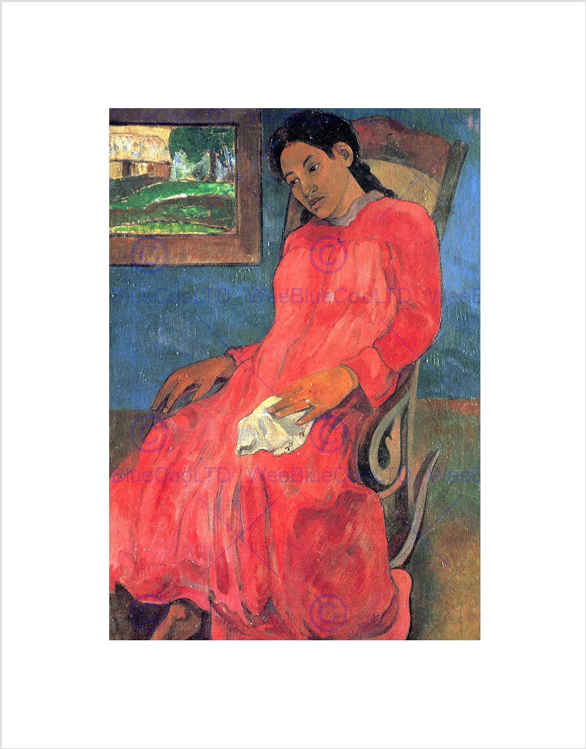 Wee Blue Coo GAUGUIN WOMAN IN RED DRESS OLD MASTER BLACK FRAMED ART PRINT B12X1438