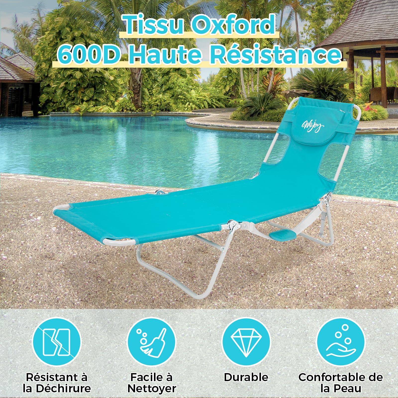 #WEJOY Bain de Soleil Pliable avec Trou de Visage pour Lecture, Chaise Longue Pliante avec Dossier Réglable à 5 Positions, Transat Inclinable Légère avec Appui-Tête pour Plage Jardin Terrasse Piscine