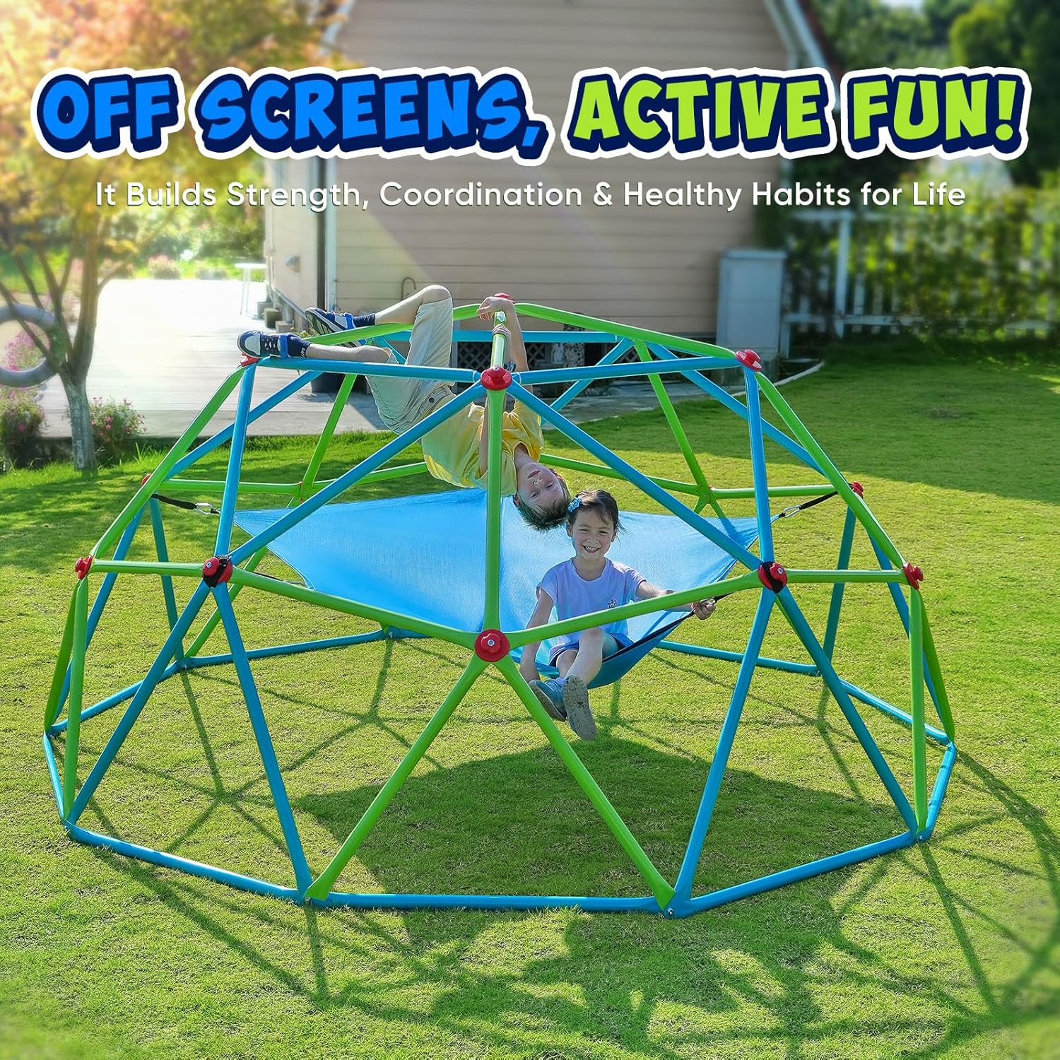Zupapa 10FT Climbing Dome with Hammock, Outdoor Jungle Gym for Kids, Geometric Dome Climber Supporting 1200LBS Outdoor Play Equipment, Cyan&Green