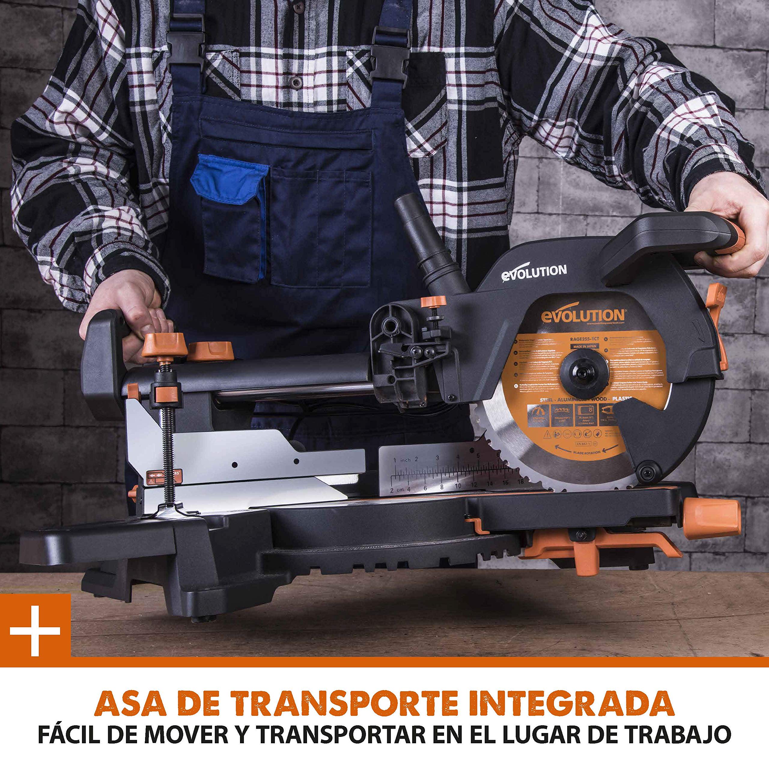 Evolution Power Tools R255SMS Sierra ingletadora Deslizante multimaterial, con Paquete Plus, Corta acero dulce, aluminio, plástico, madera con clavos incrustados 230 V, 255 mm