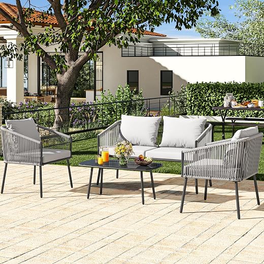 YITAHOME 4-Piece Patio Bistro Set, All-Weather Outdoor Patio Furniture Rattan Wicker Loveseat Conversation Set with Wooden Side Table and Soft Cushions, Brown+Beige