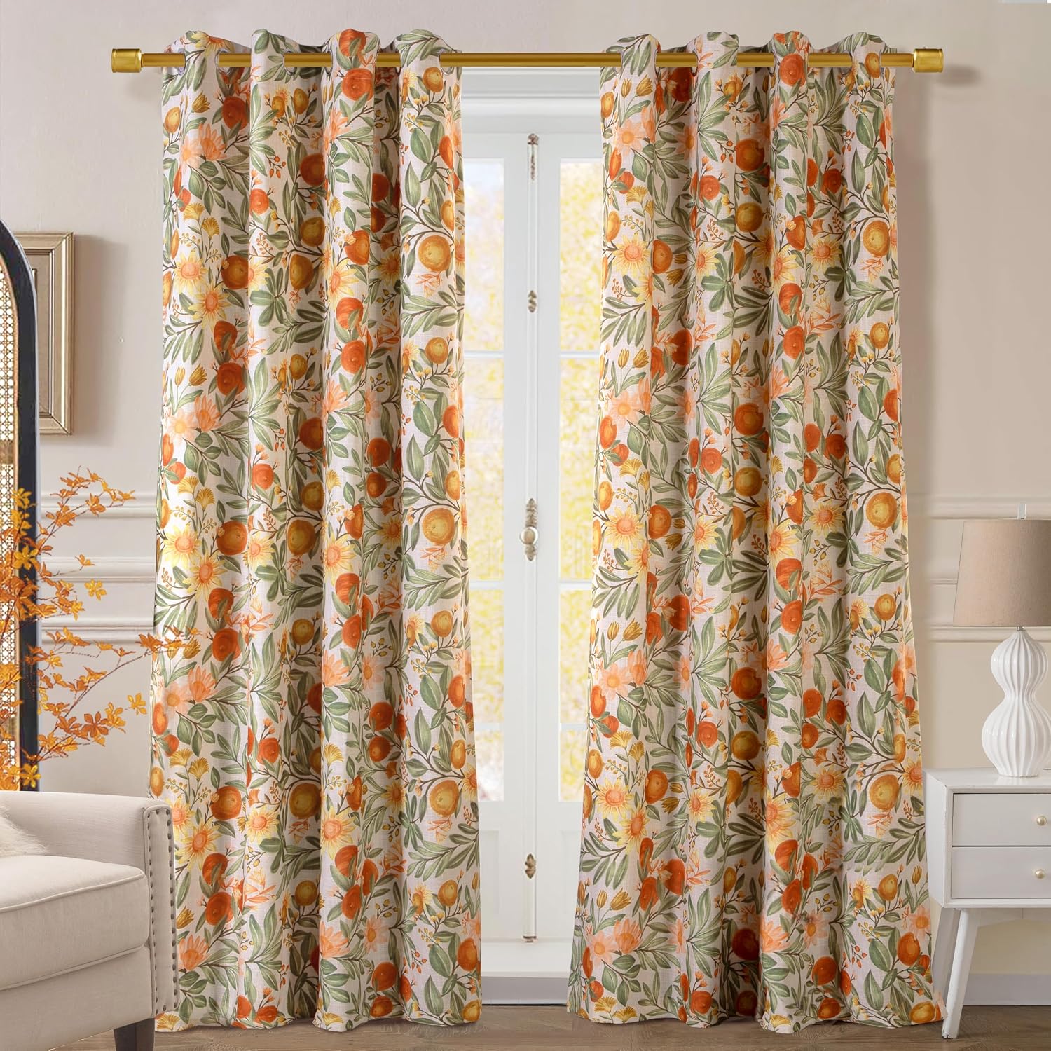 DriftAway Orange Harvest Floral Linen Blackout Curtains Double Layer Thermal Insulated Autumn Fall Printed Patterned Vintage Grommet Lined Drapes for Living Room 2 Panels 84 Inches Orange Coral Gold