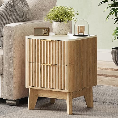 Miniatura 9 de Mesita de noche acanalada con mango dorado, juego de 2 mesitas de noche de mediados de siglo con cajón, mesita de noche con estante de 2pc_Oak,1