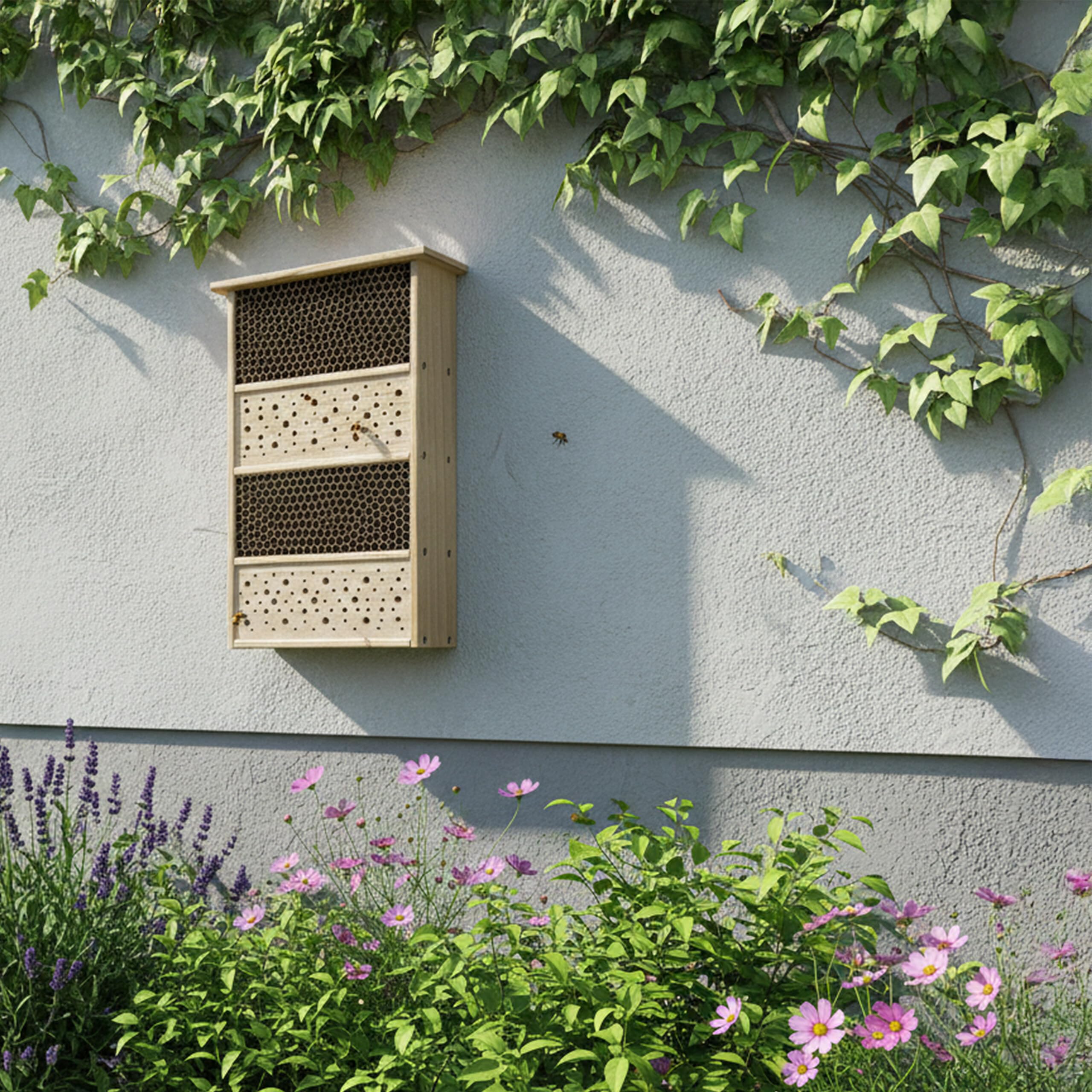 Relaxdays Hotel per api, Legno, Tubi di Cartone, HxLxP: 40 x 26 x 10,5 cm, Giardino, Balcone