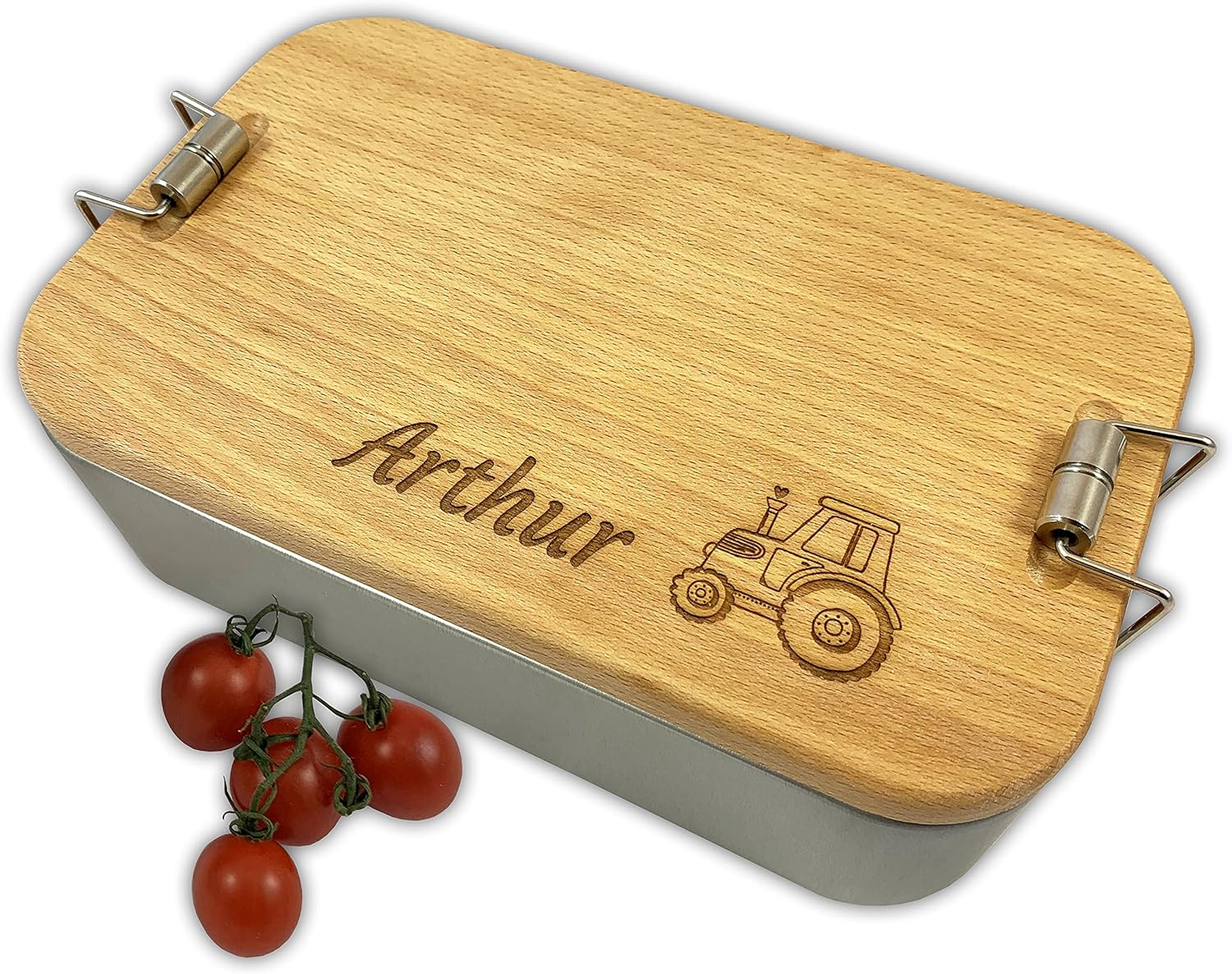 Unikatolo Brotdose mit Name und Motiv, Metalldose mit Holzdeckel für