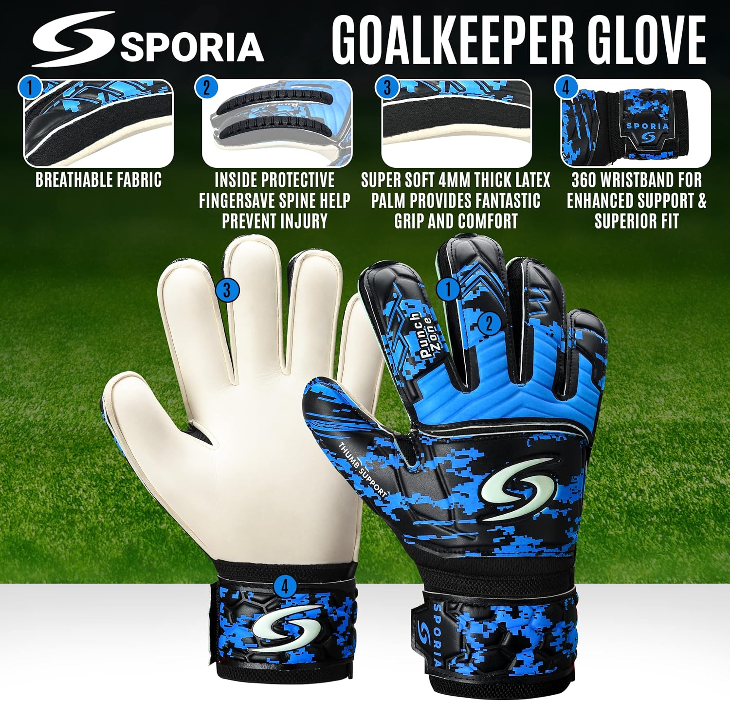 Sporia Adult Youth Goalkeeper Gloves - Breathable Soccer Goalie Gloves with 5 Finger Saver & Strong Wrist Support (4MM Latex)