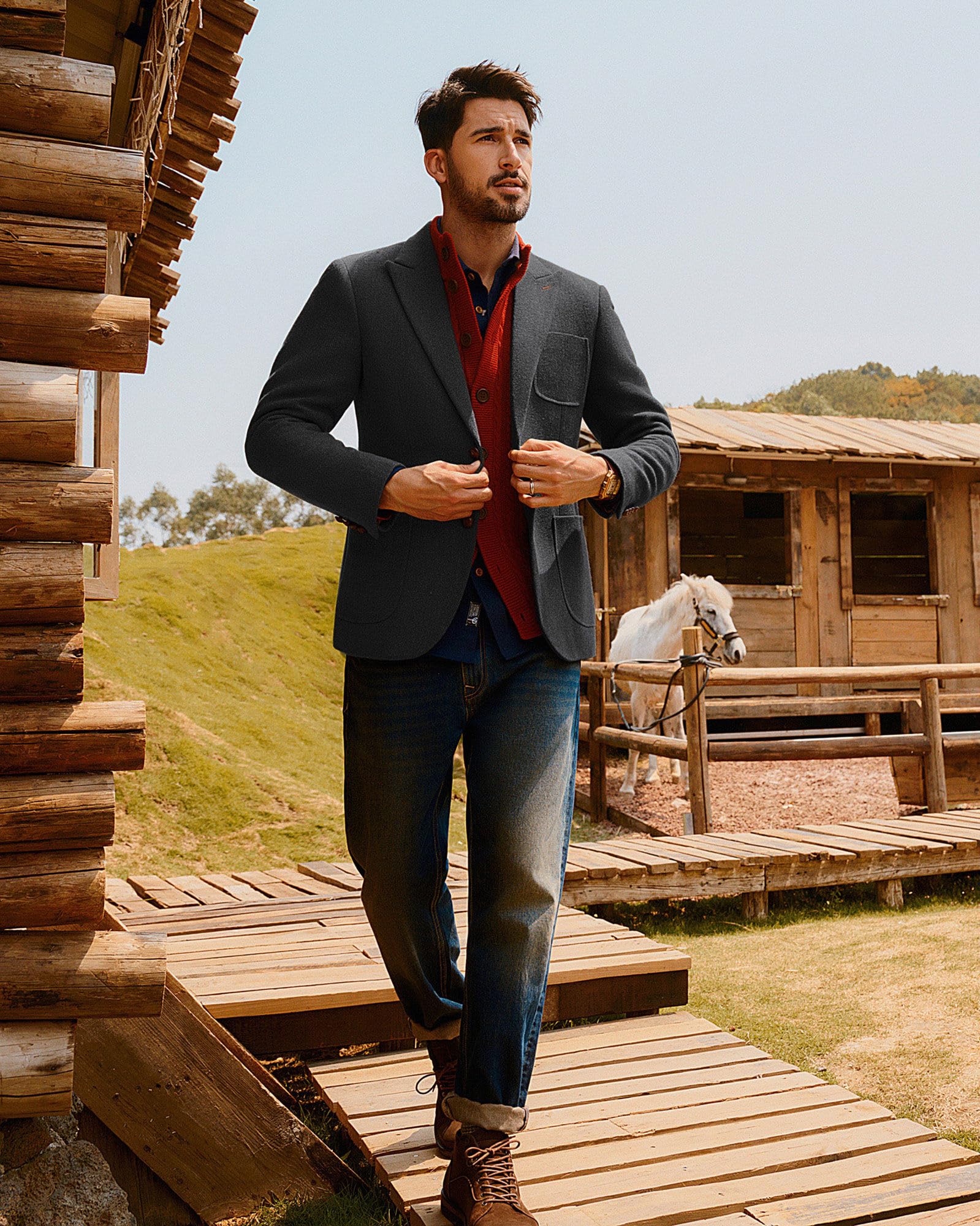 PJ PAUL JONES Sakko British Blazer - Tuta da uomo con 2 bottoni, in lana tweed, grigio scuro, M