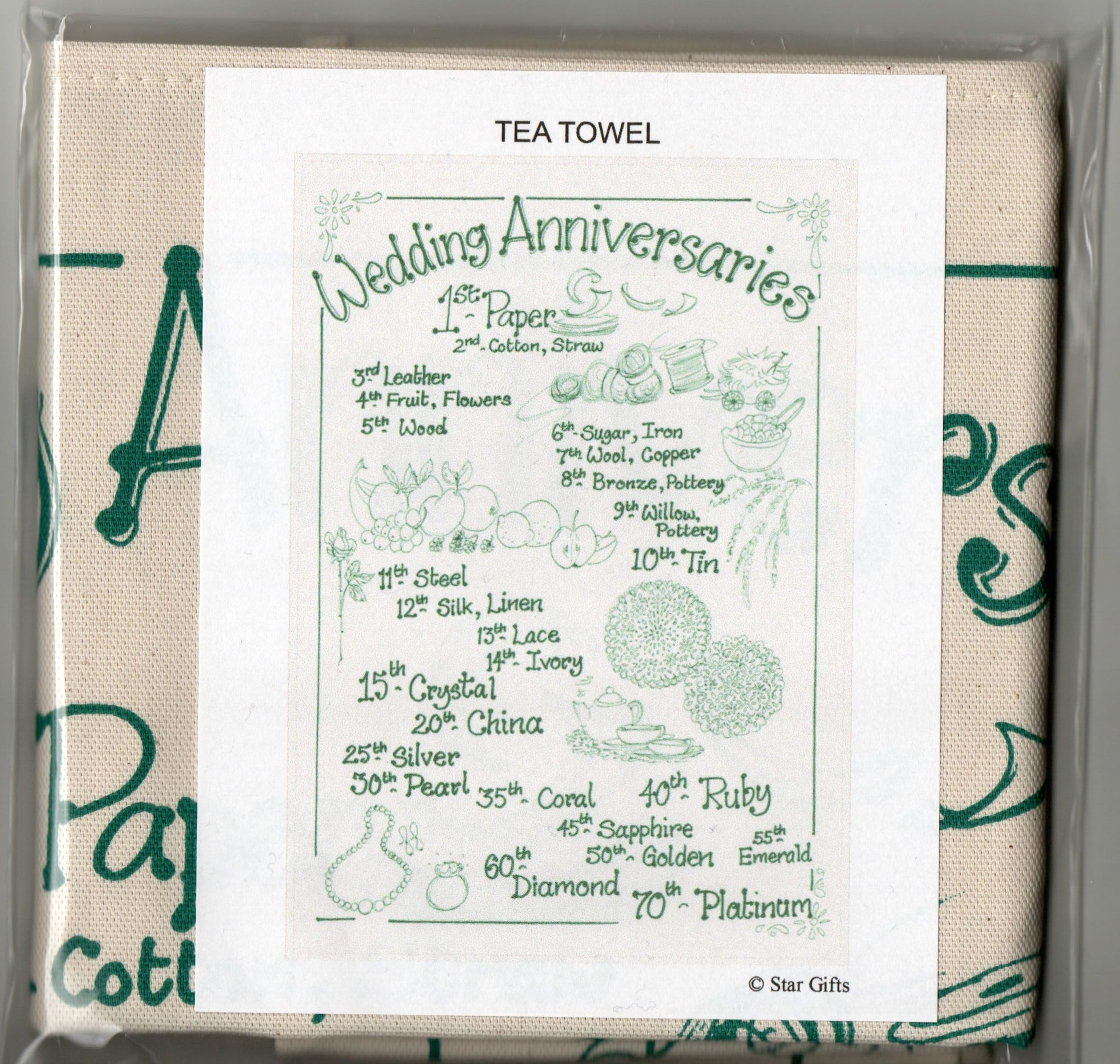 WEDDING ANNIVERSARIES Tea Towel 100% Cotton Natural/Green