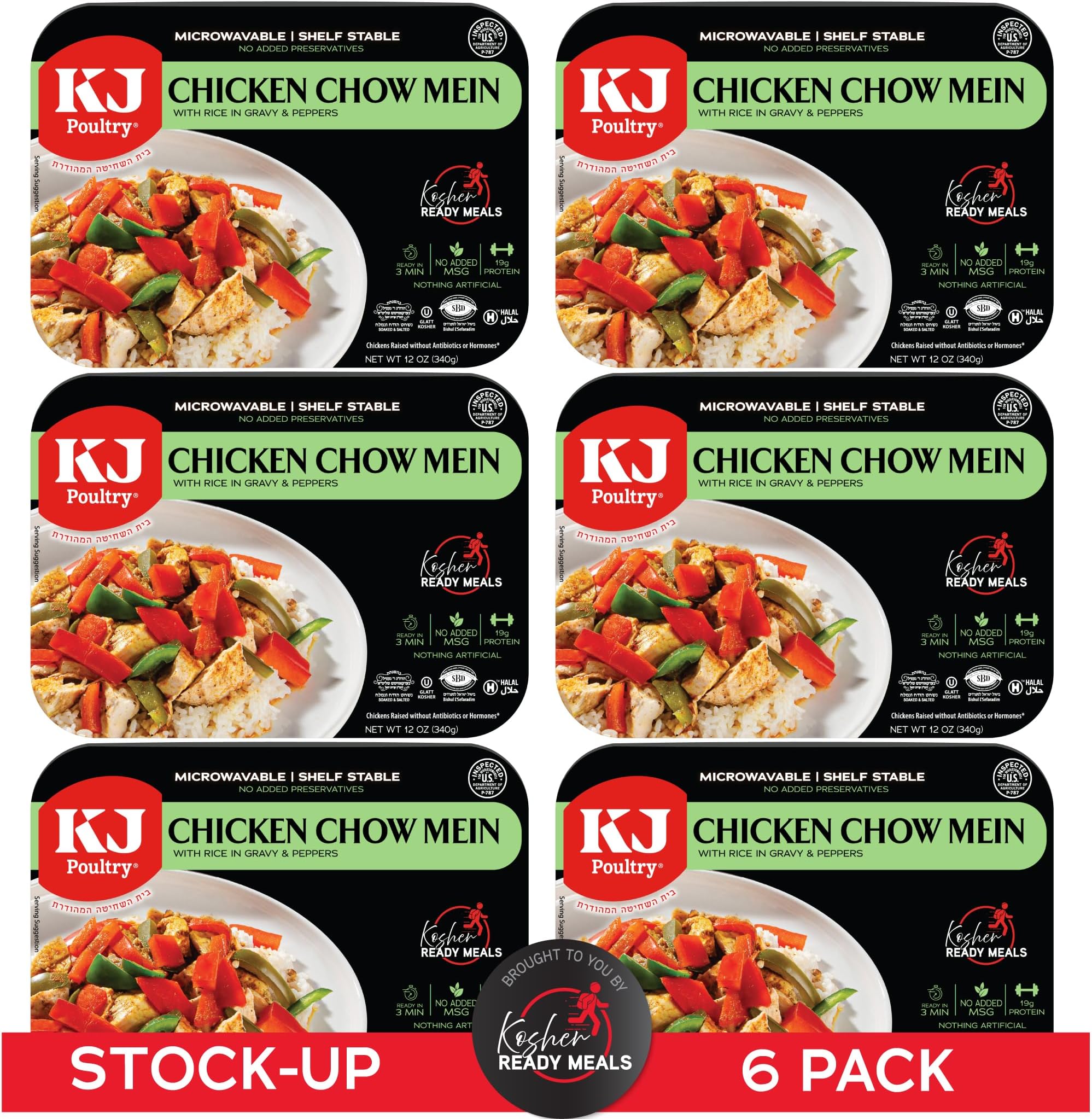 Kosher Ready Meals - Chicken Chow Mein, MRE Meat Meals Ready to Eat, Gluten Free, Halal, (6 Pack) Prepared Entree Fully Cooked, Shelf Stable Microwave Dinner Travel Military Camping