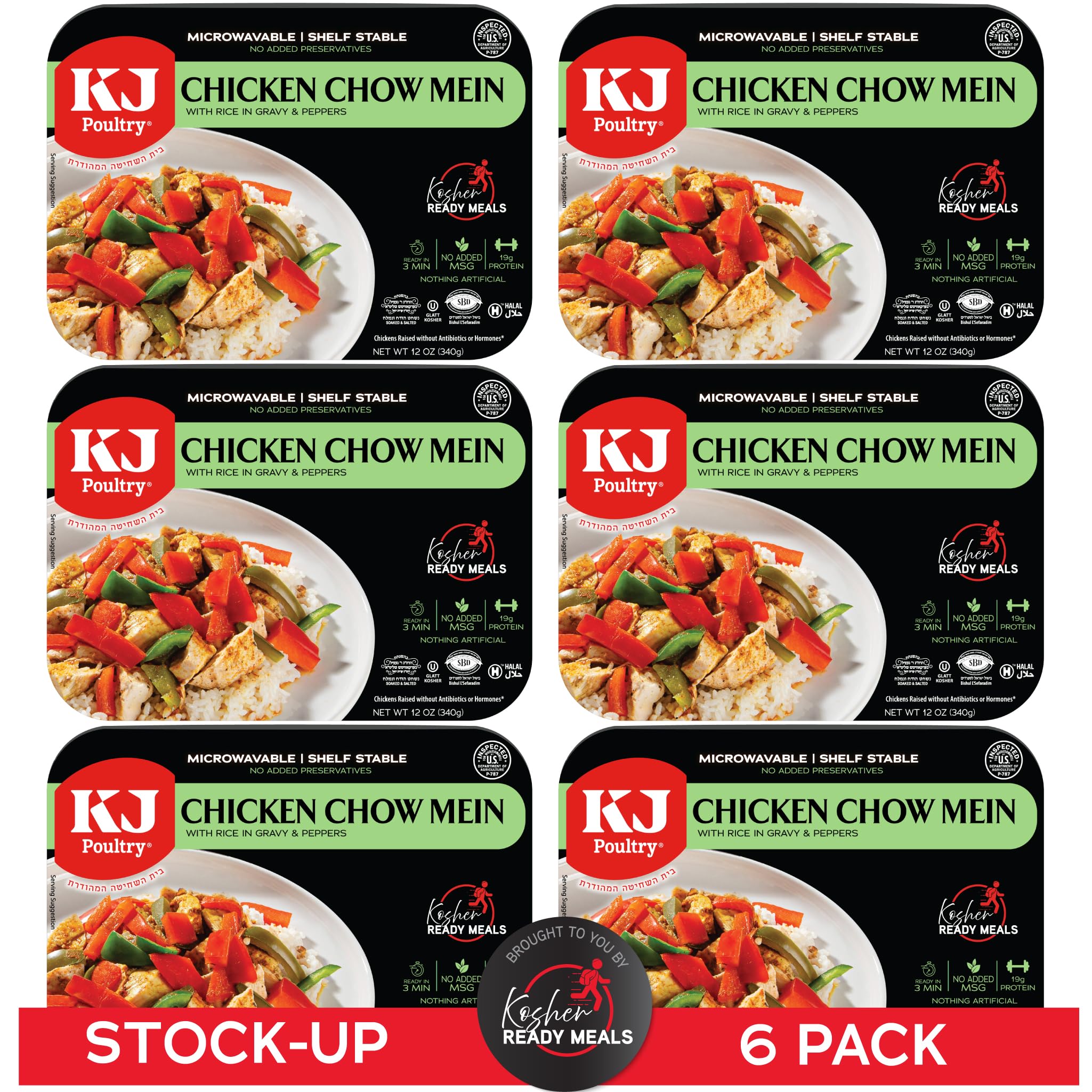 KJ Poultry Kosher Ready Meals - Chicken Chow Mein, MRE Meat Meals Ready to Eat, Gluten Free, Halal, (6 Pack) Prepared Entree Fully Cooked, Shelf Stable Microwave Dinner Travel Military Camping