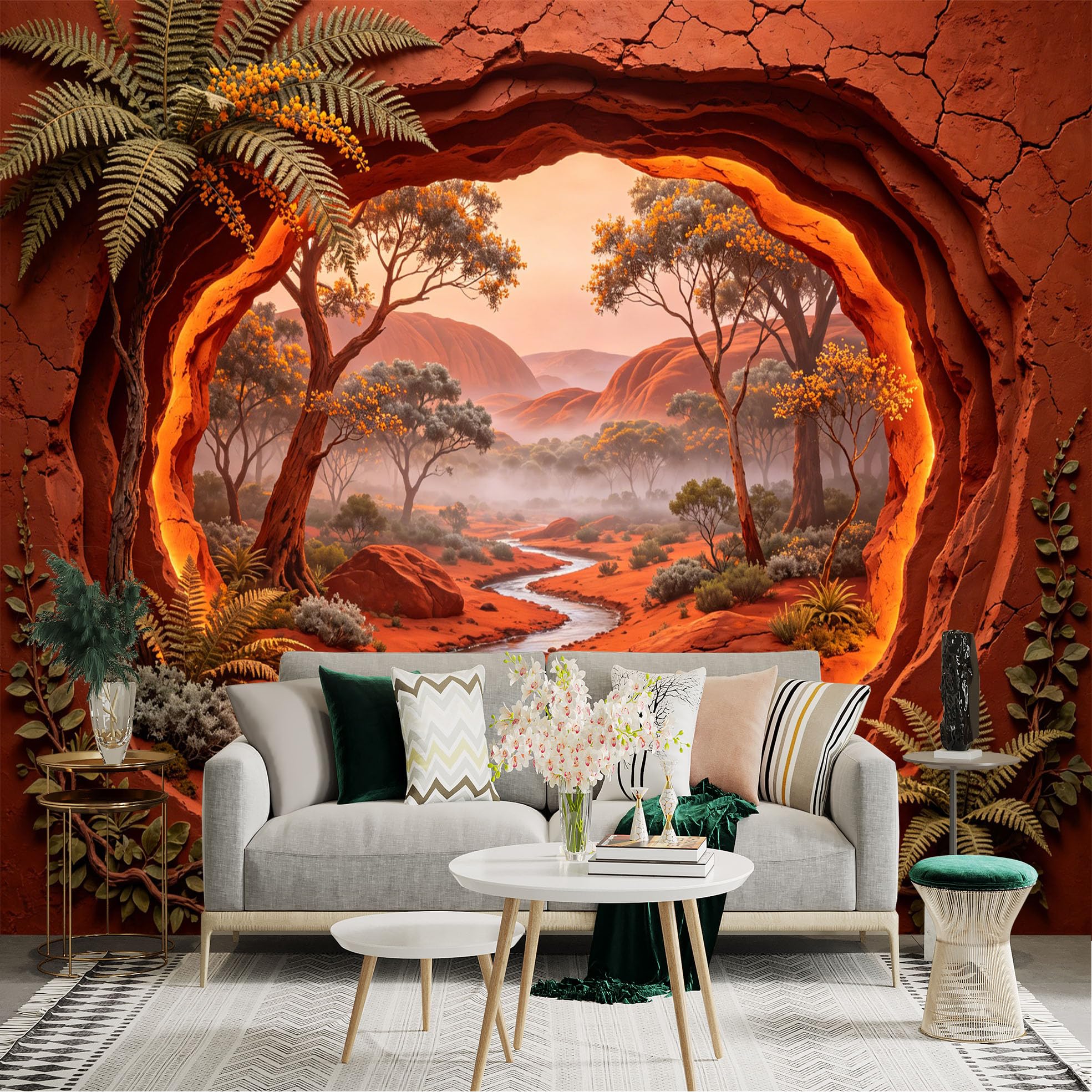 Custom Size Wall Sticker Mural， Red Desert Canyon with River， Trees and Sunset Landscape， for wall Decoration， peelandstick wall Decals.