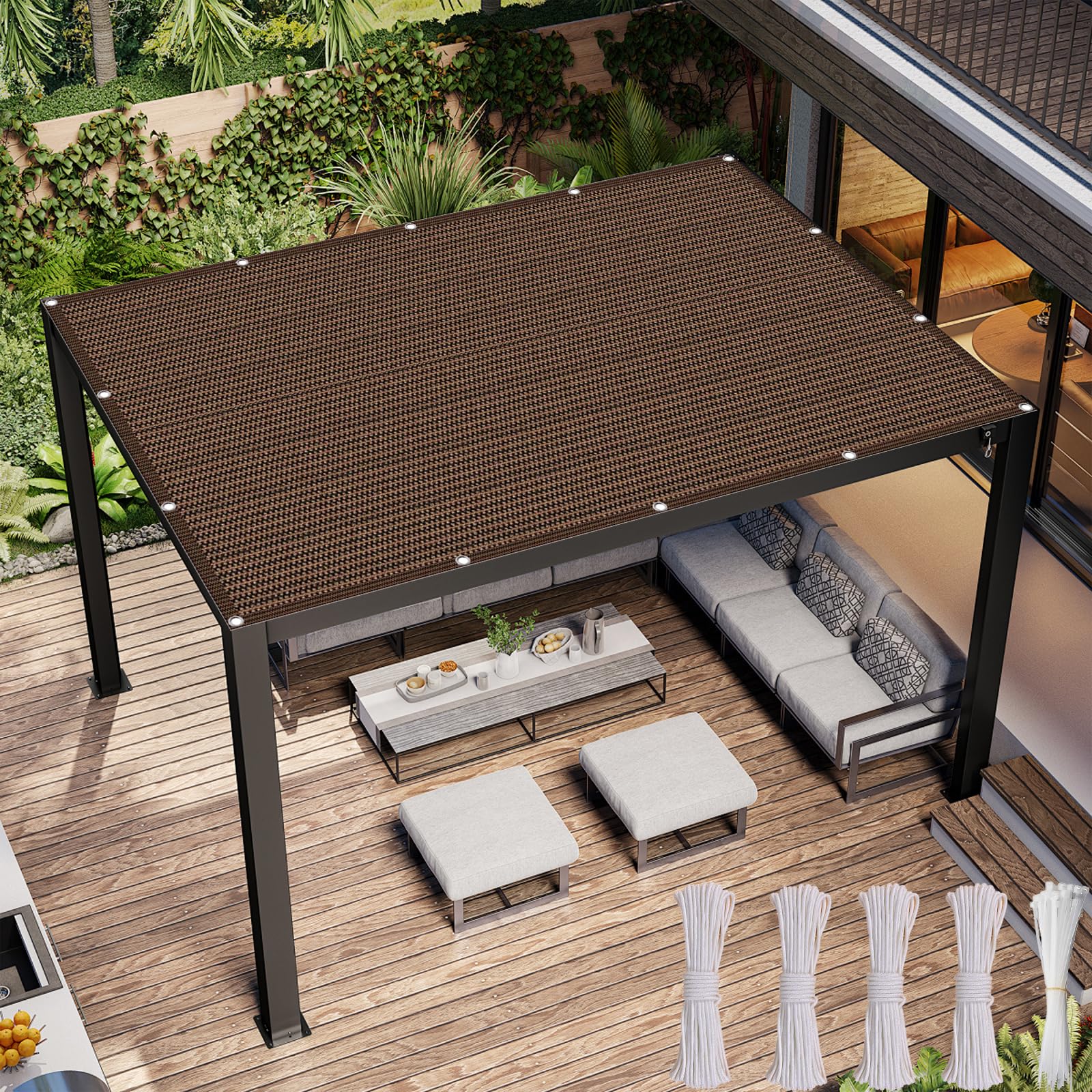Voile d'ombrage contre la chaleur et les UV, grand brise-soleil aéré en HDPE marron