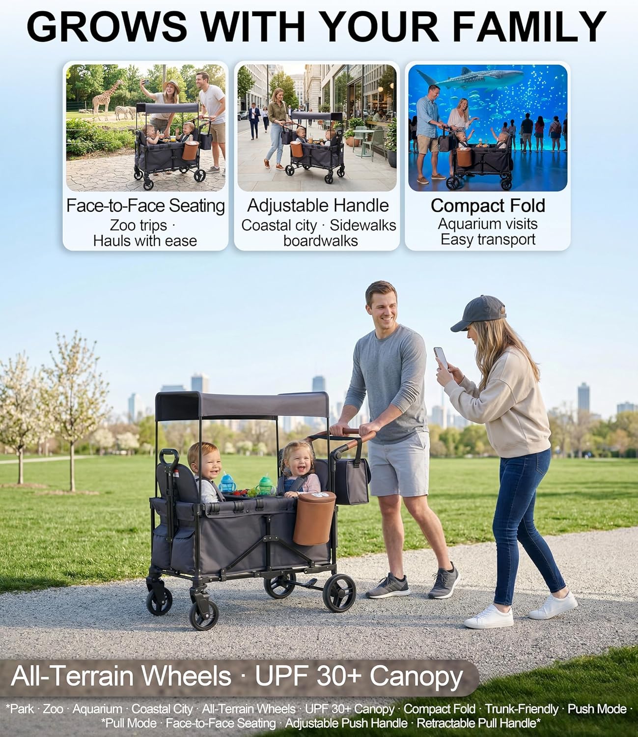 2-in-1 Wagon Stroller for 2 Kids – Adjustable Push & Pull Handle All‑Terrain Wagon with Canopy, 5‑Point Harnesses, sanck Tray 2-in-1 Storage Bag, Lightweight, Compact – Grey